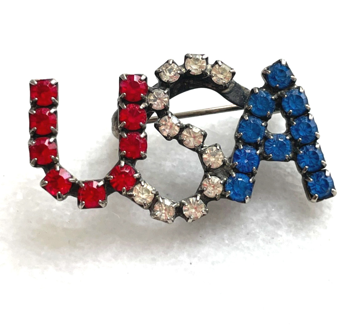 Vintage Patriotic USA Brooch Pin Red White Blue Crystal Rhinestones 4th Of July