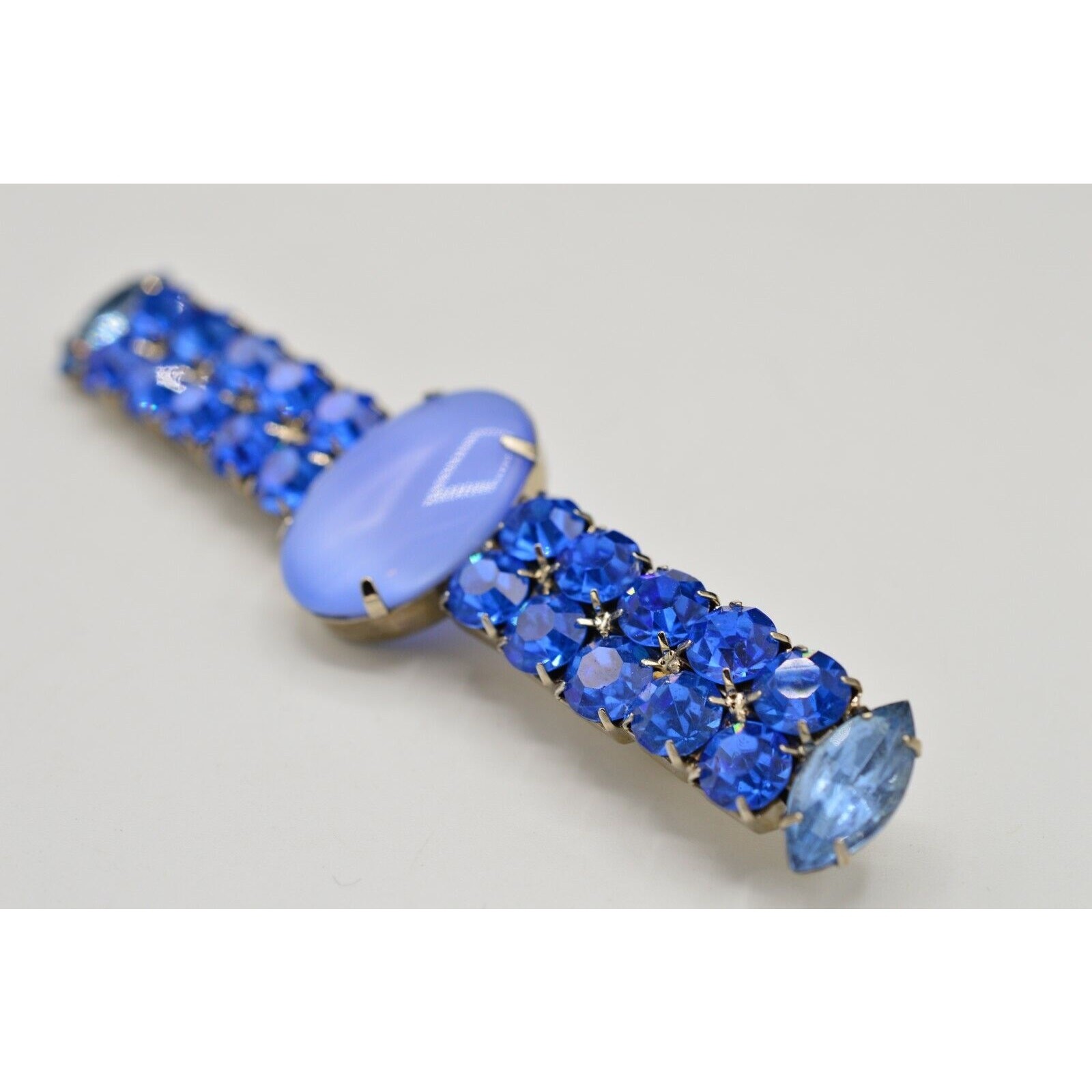 Vintage Cabochon Crystal Pin Brooch Prong Rhinestone Blue Bar Chunky 1980s BinV