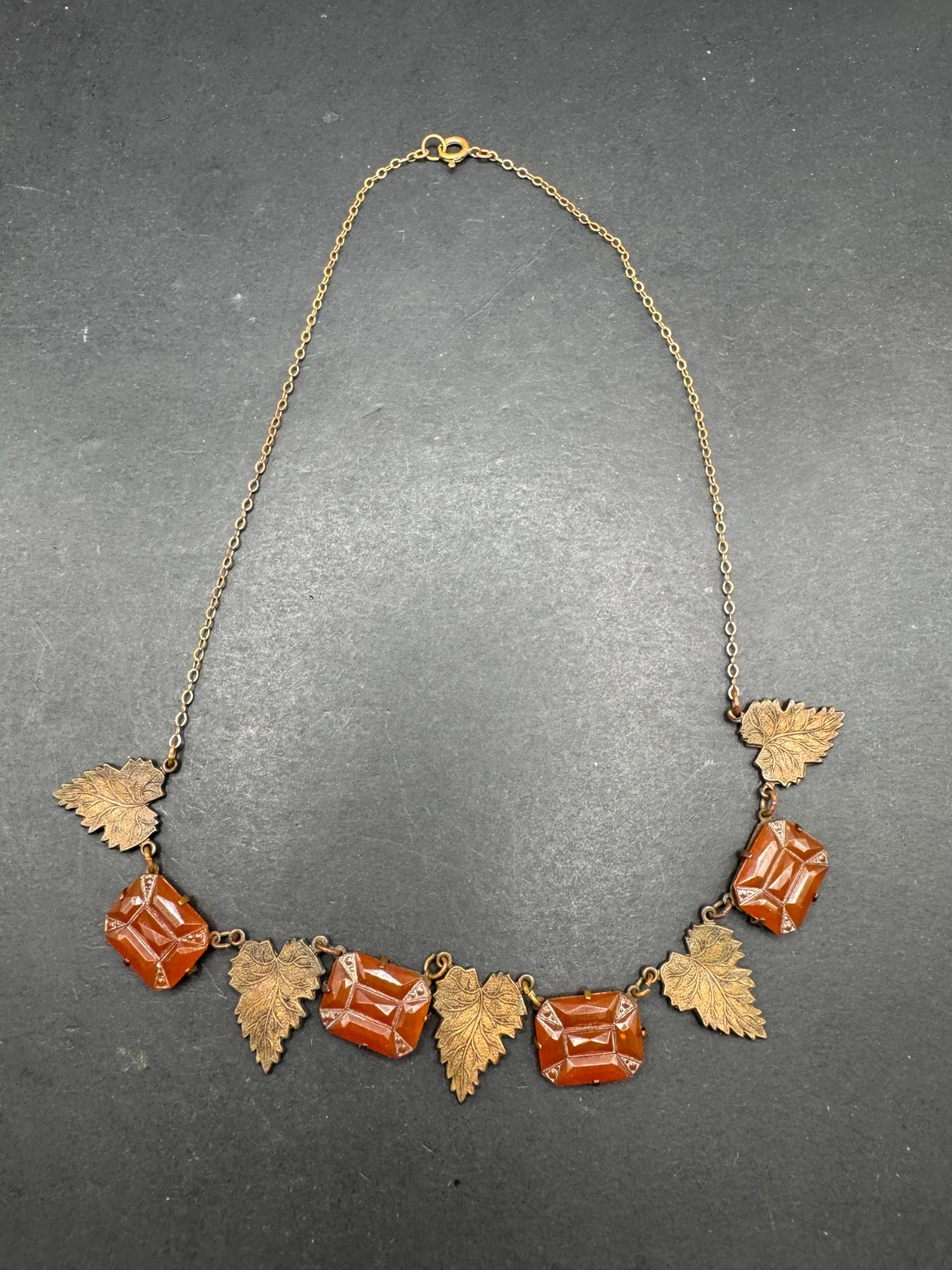 Art Deco Carnelian Glass & Leaf Necklace Brass