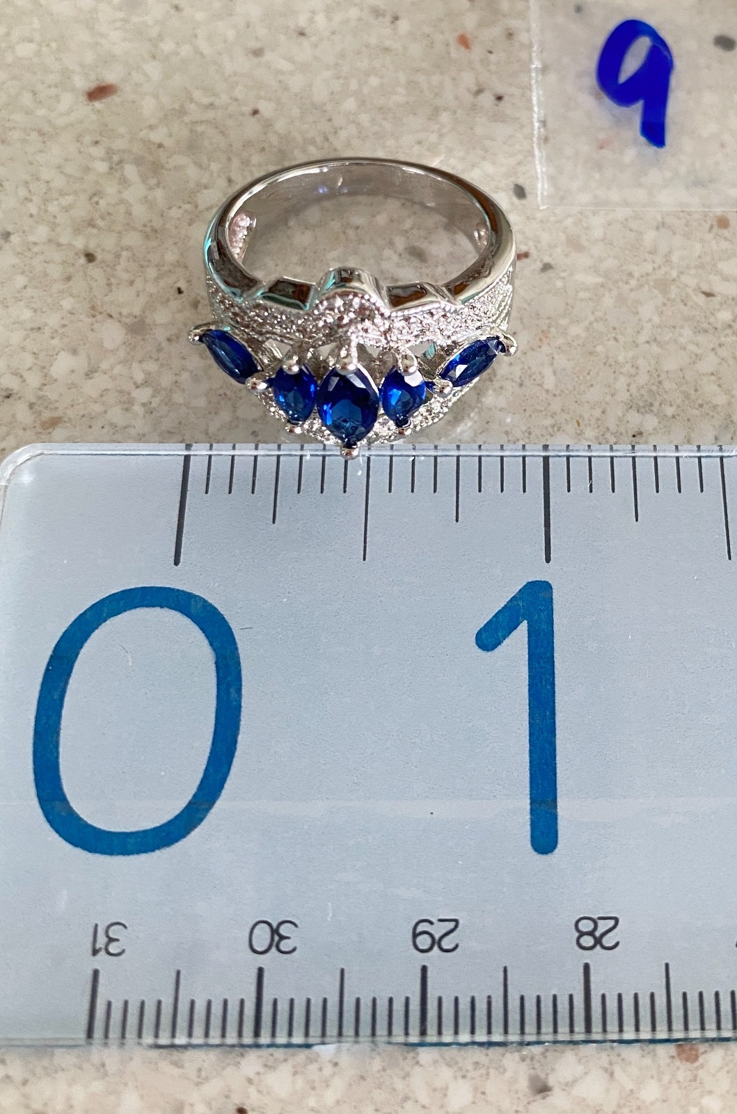 Faux Sapphire Crystal Statement Cocktail Ring Marquise Cut Prong Set Band Size 8