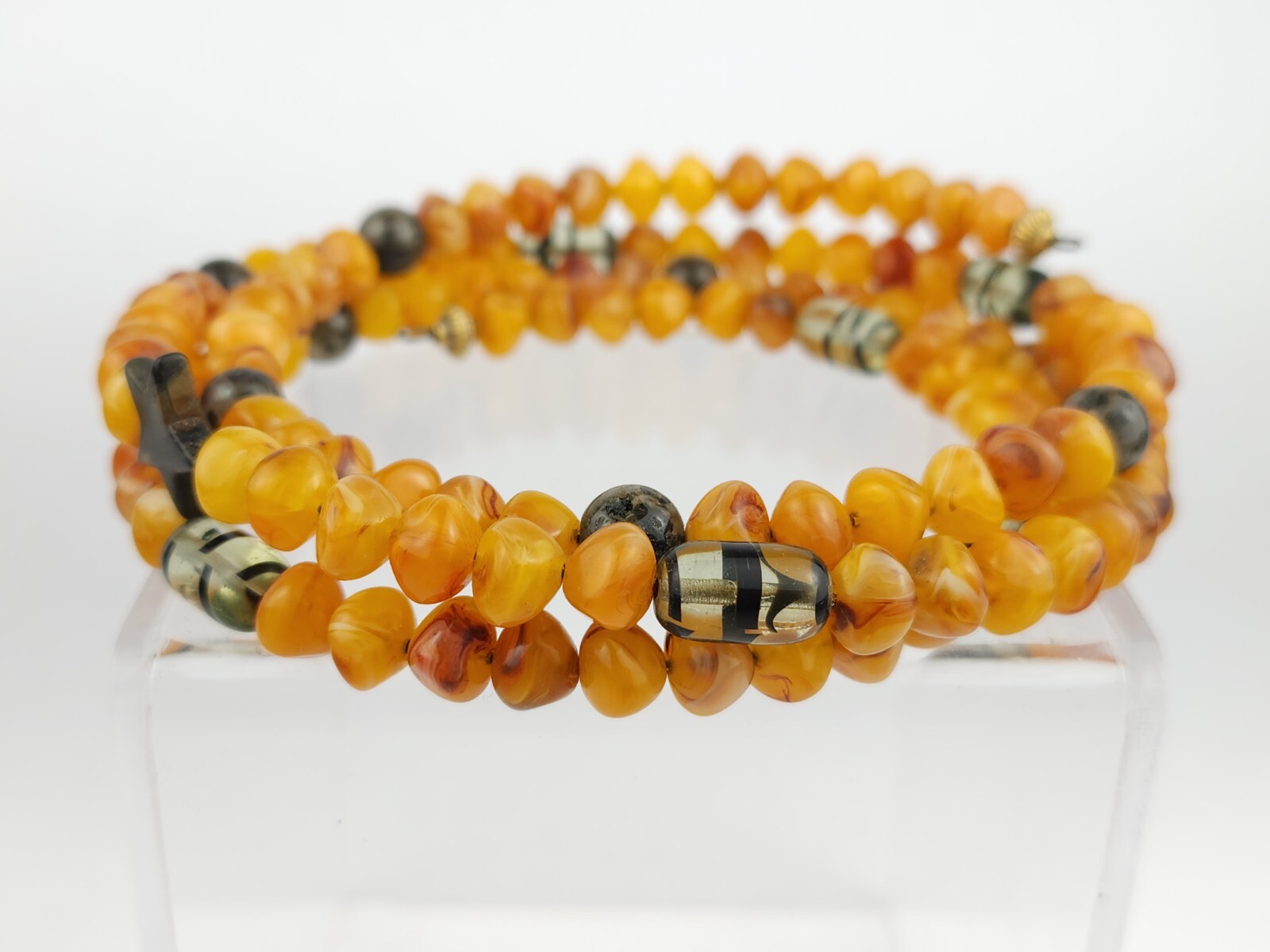 Vintage Amber Tone Memory Wire Choker Necklace Fluorescent Glass & Gemstones 56g