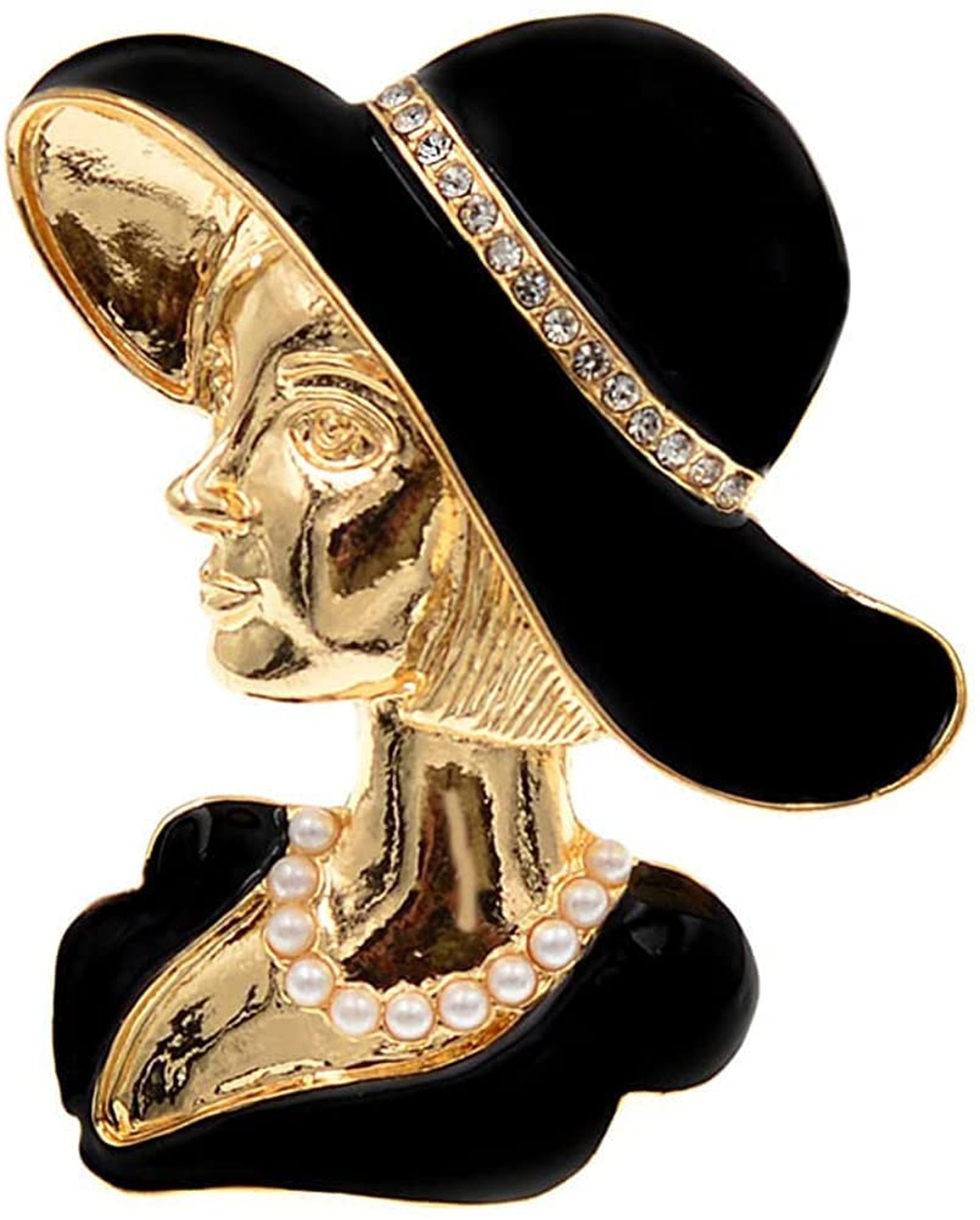 KAWADU Vintage Alloy Rhinestone Brooch Painting Oil Black Sun Hat Pretty Lady…