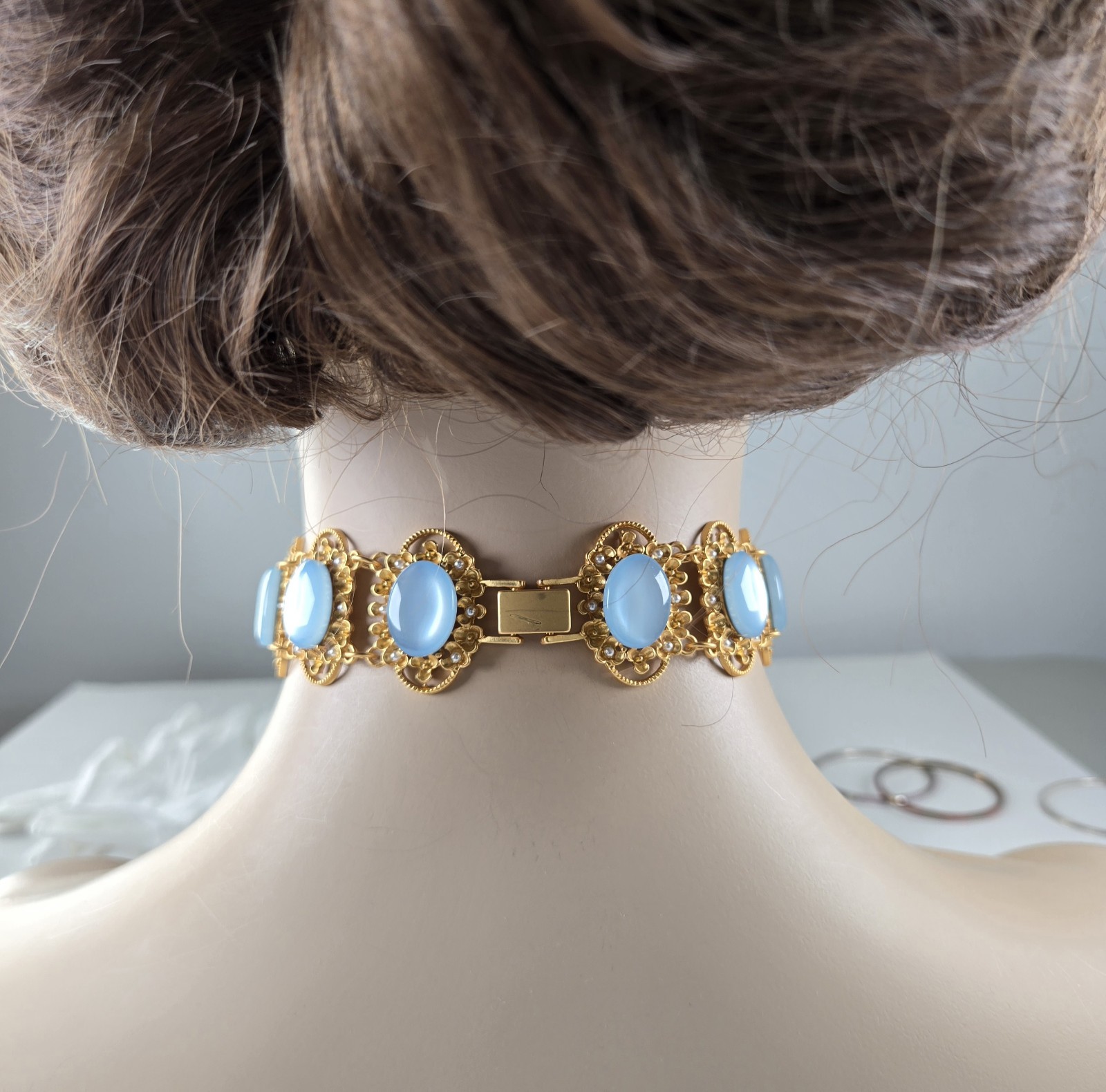 Moonglow Blue Lucite Gold Link Collar, Vintage Filigree Choker Necklace