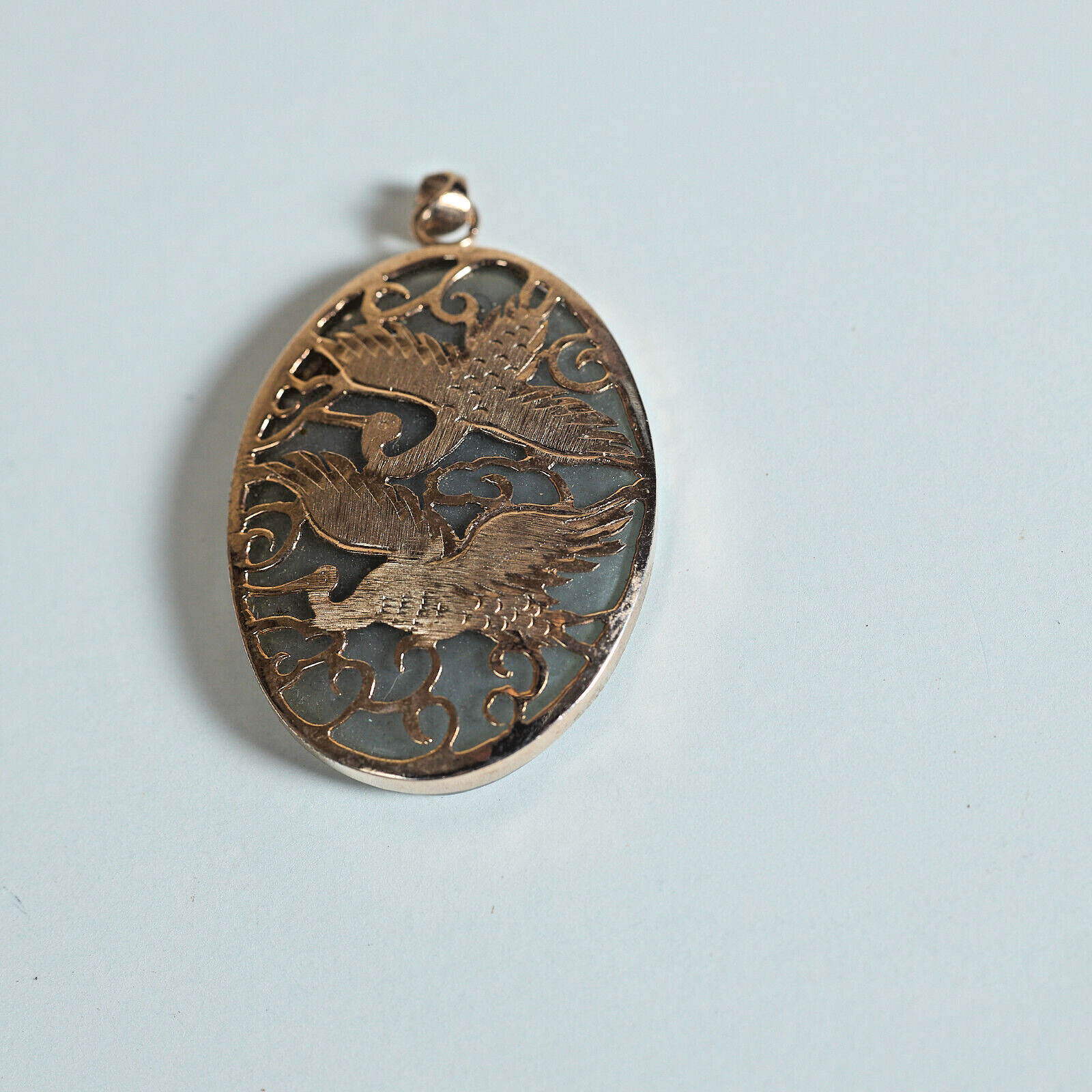 VTG 1970s/80s Asian 2 Cranes GP Open Metalwork on Oval Jadeite Pendant 1.75″Tall