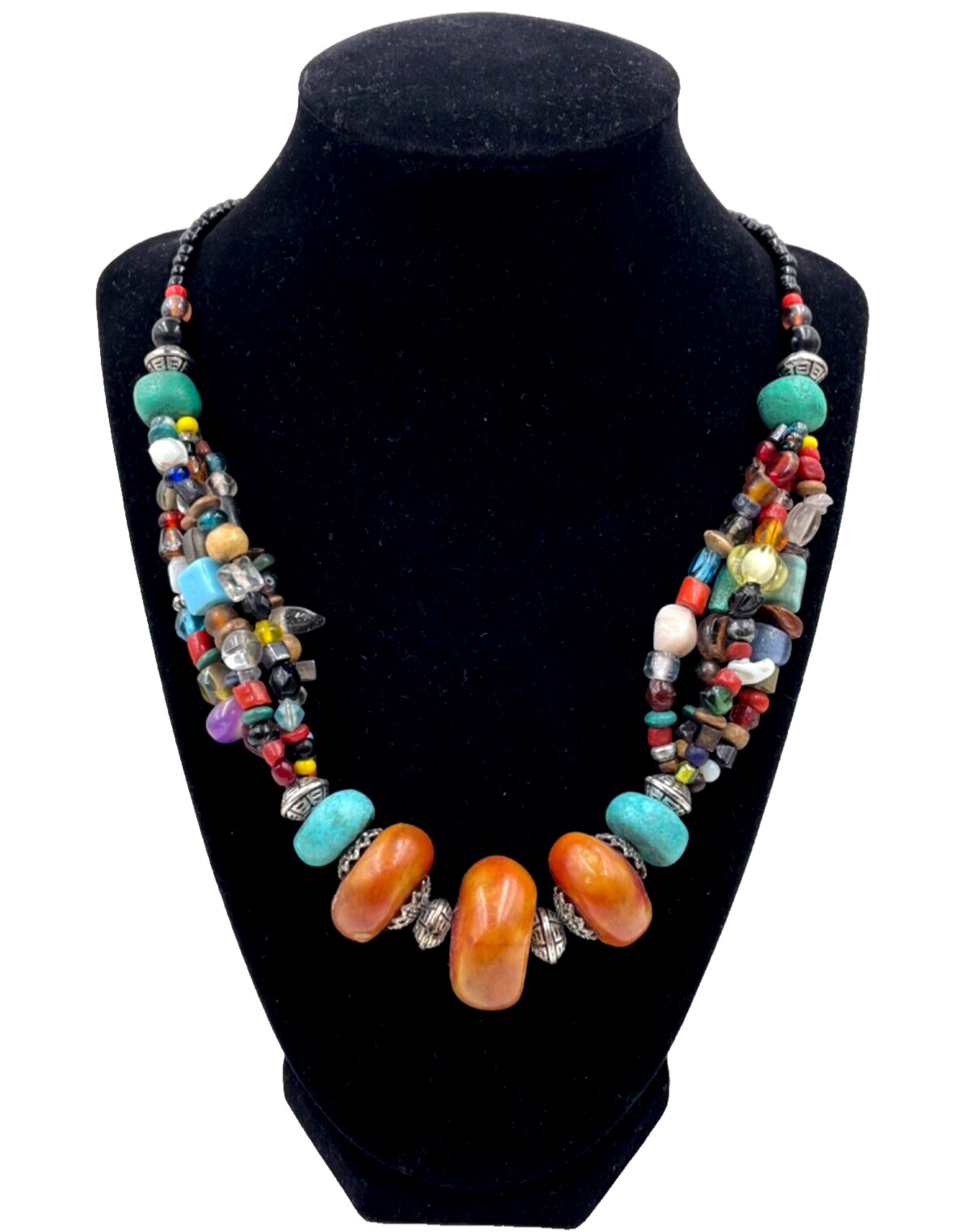 ETHNIC AFRICAN AMBER TRIBAL BERBER NECKLACE HAND-MADE GLASS BEADS BRONZE METAL R