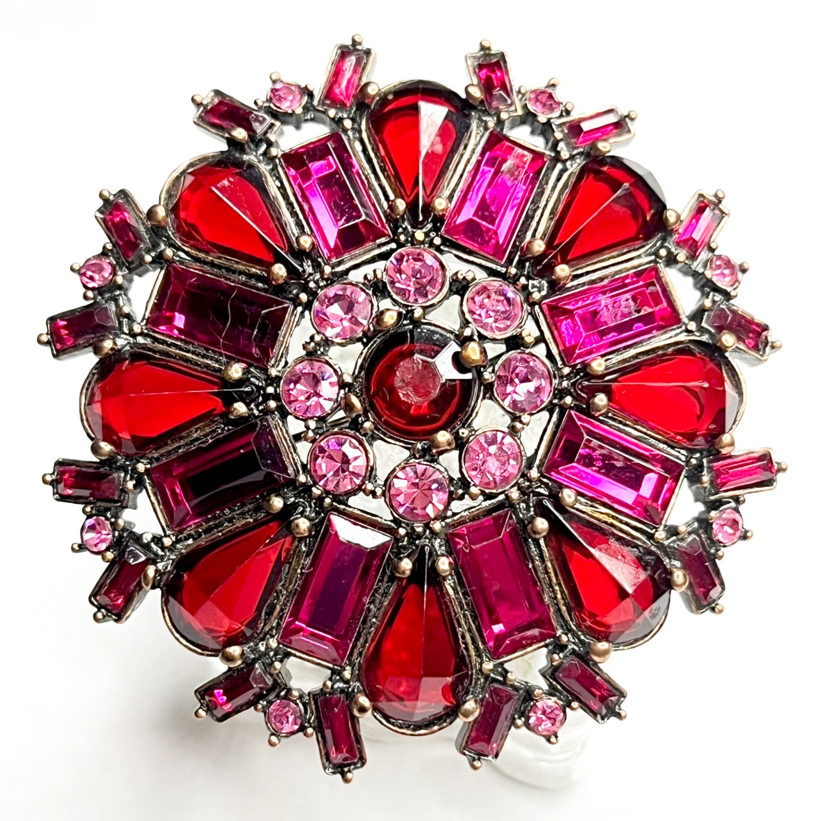 VTG Large Flower Snowflake Brooch Pin Red Fuchsia Pink Purple Glass Rhinestones