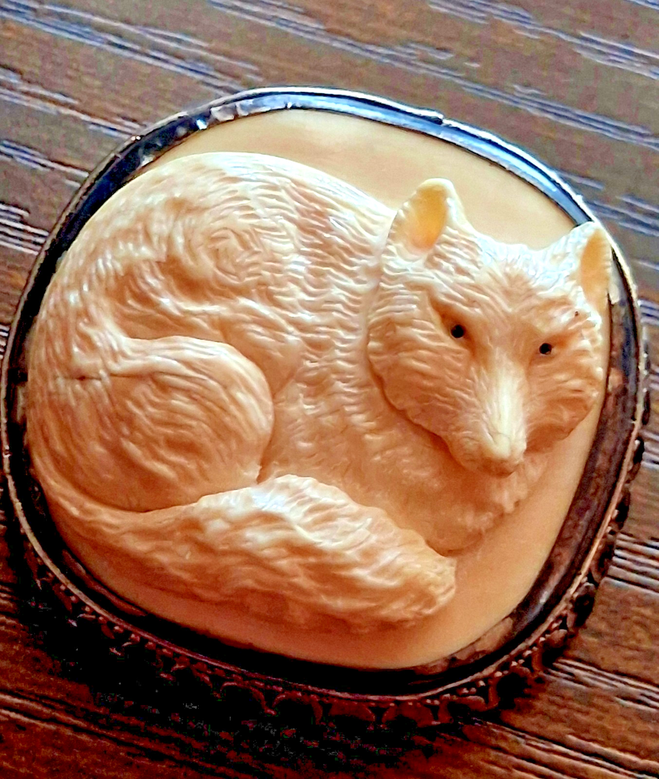 Vintage 925 Sterling Silver Hand Carved Bone Cameo Brooch Pendant Set Fox Bird