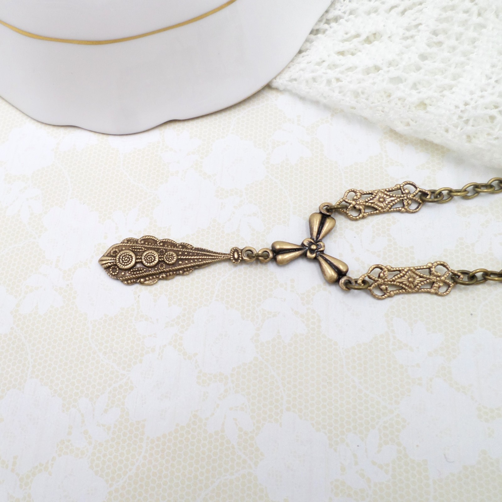 Victorian Style Brass Filigree Charm Necklace: Handmade Bow & Teardrop Jewelry