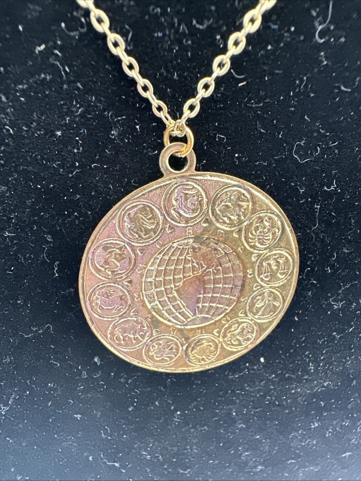 Vintage Zodiac Astrology Signs Gold Tone Medal Pendant and Chain