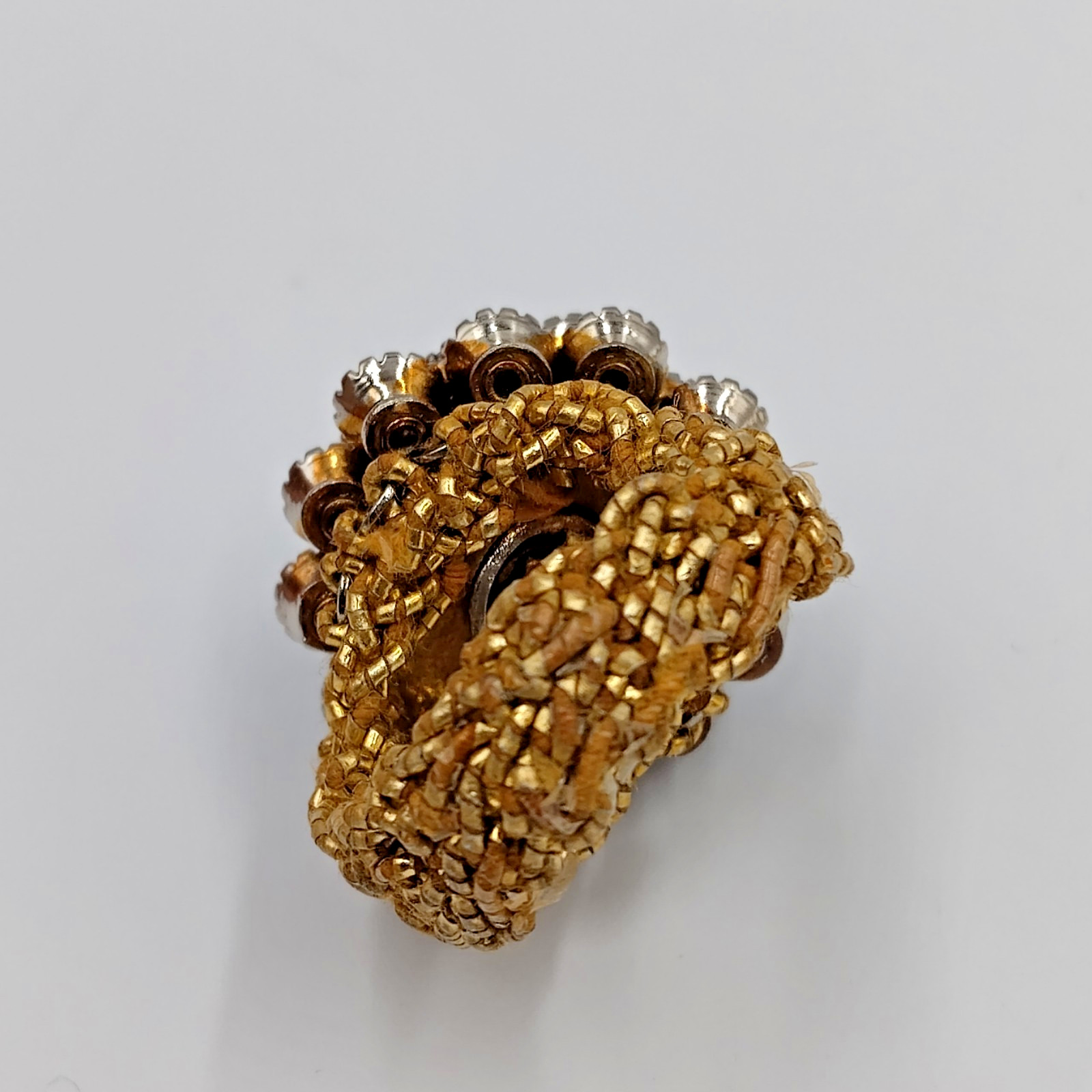 Vintage Dome Ring Green Rhinestone with Woven Stretch Golden Band