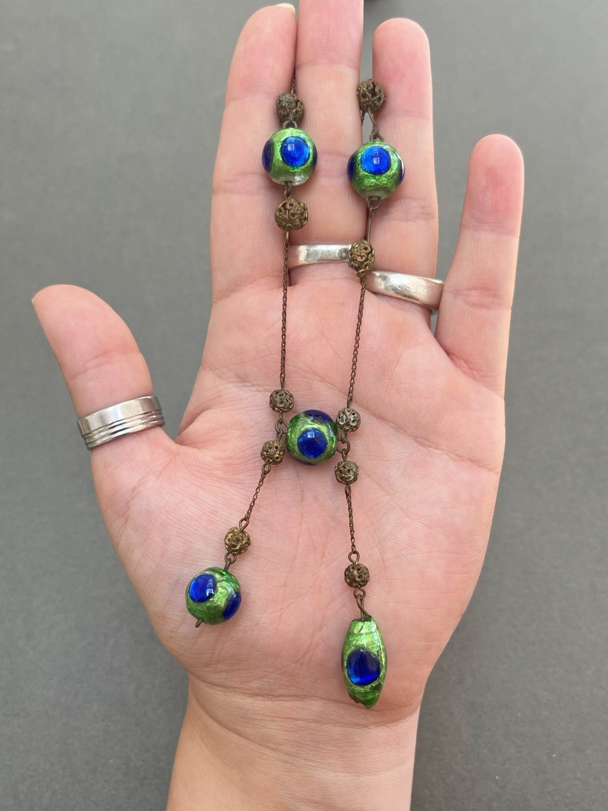 Antique Art Deco Venetian Peacock Glass Foil Necklace