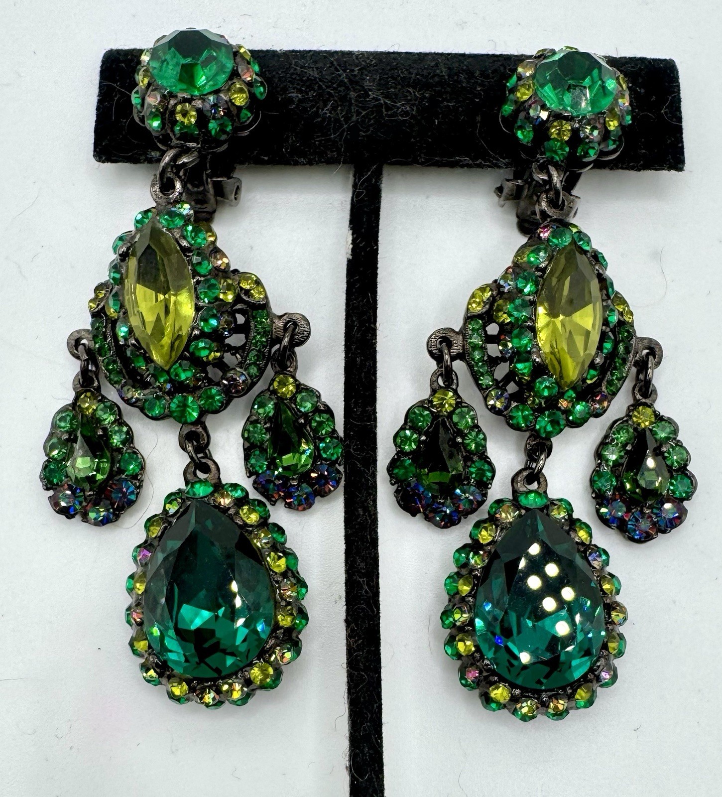 Barrera Crystal Clip-On Drop Earrings Of vibrant green crystals set in Gunmetal