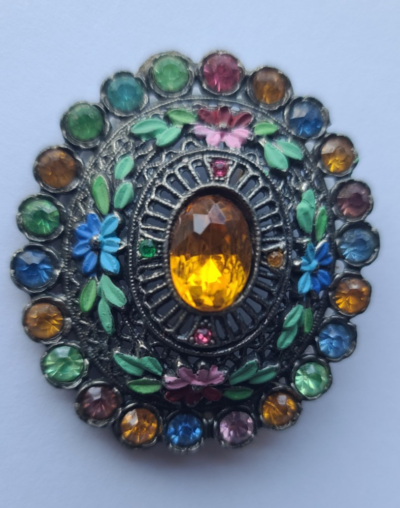 Vintage Signed L/N Little Nemo Large Blue Rhinestone Green Painted Enamel Brooch