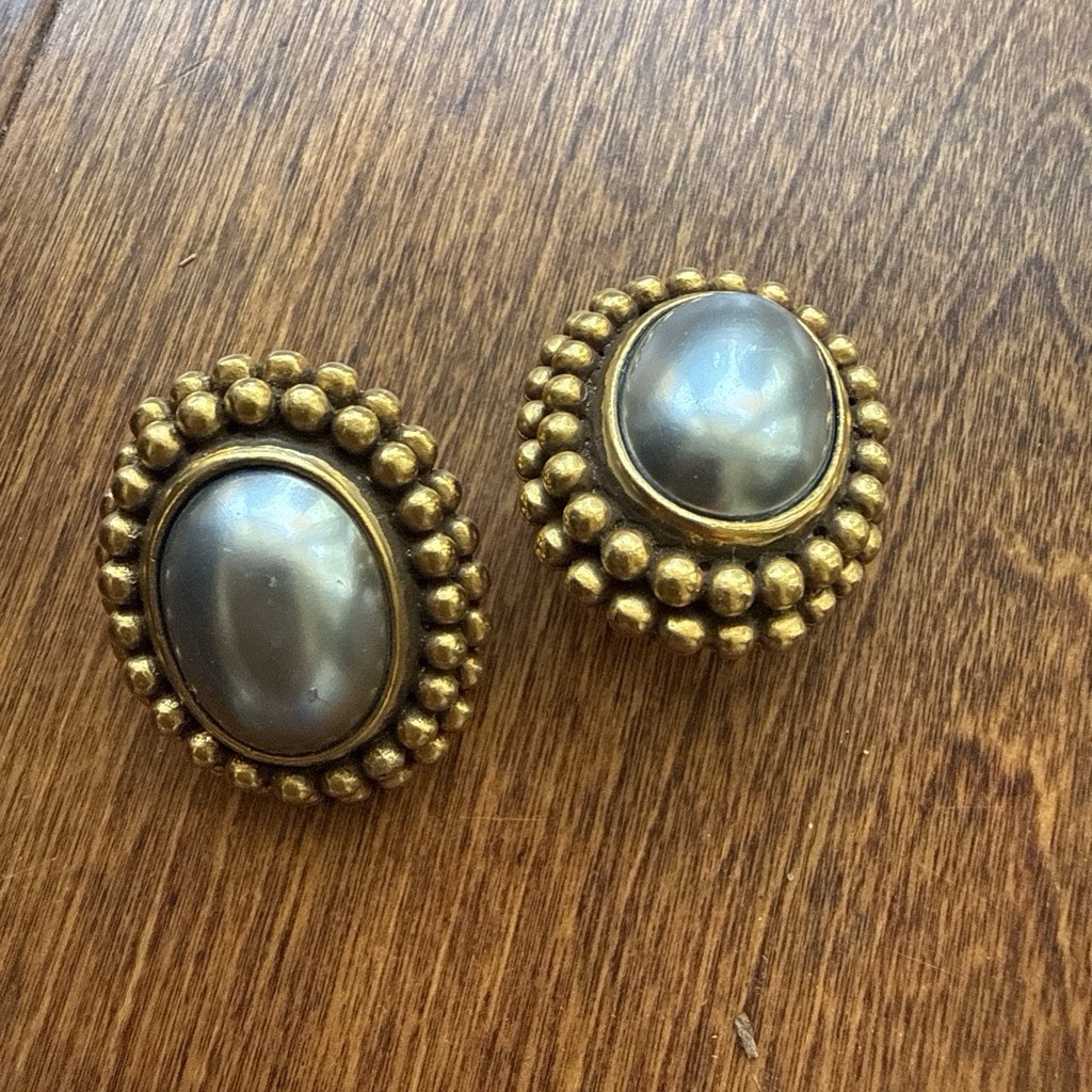 Vintage YSL Yves Saint Laurent Faux Pearl Gold Tone Clip On Earrings