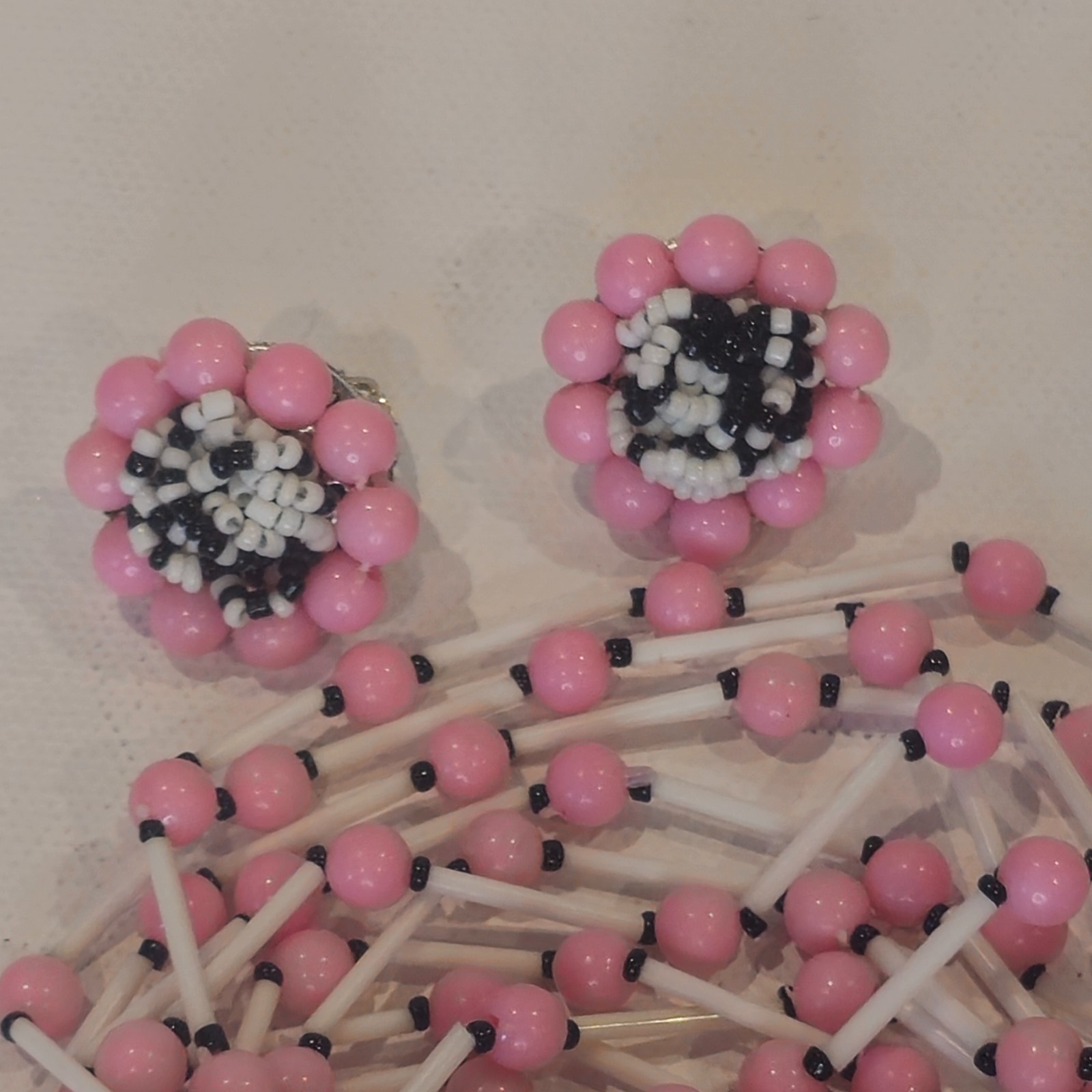 Vintage Japan Pink White Black Beaded Necklace & Clip‑On Earrings Set