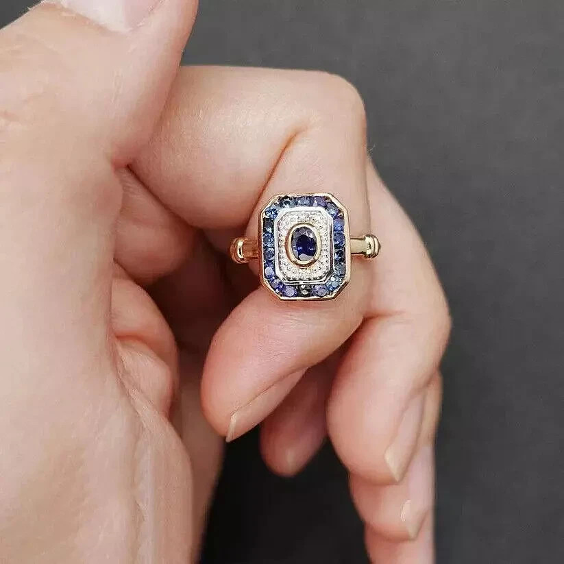 Art Deco Style Oval Lab-Created Sapphire Stone Halo Ring 925 Silver Gold Finish