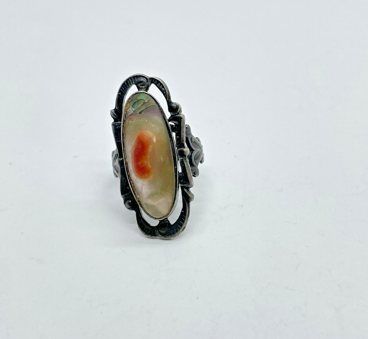 Vtg Art Nouveau Mother of Pearl Blister, Elongated Sterling Silver Ring 4.5 size