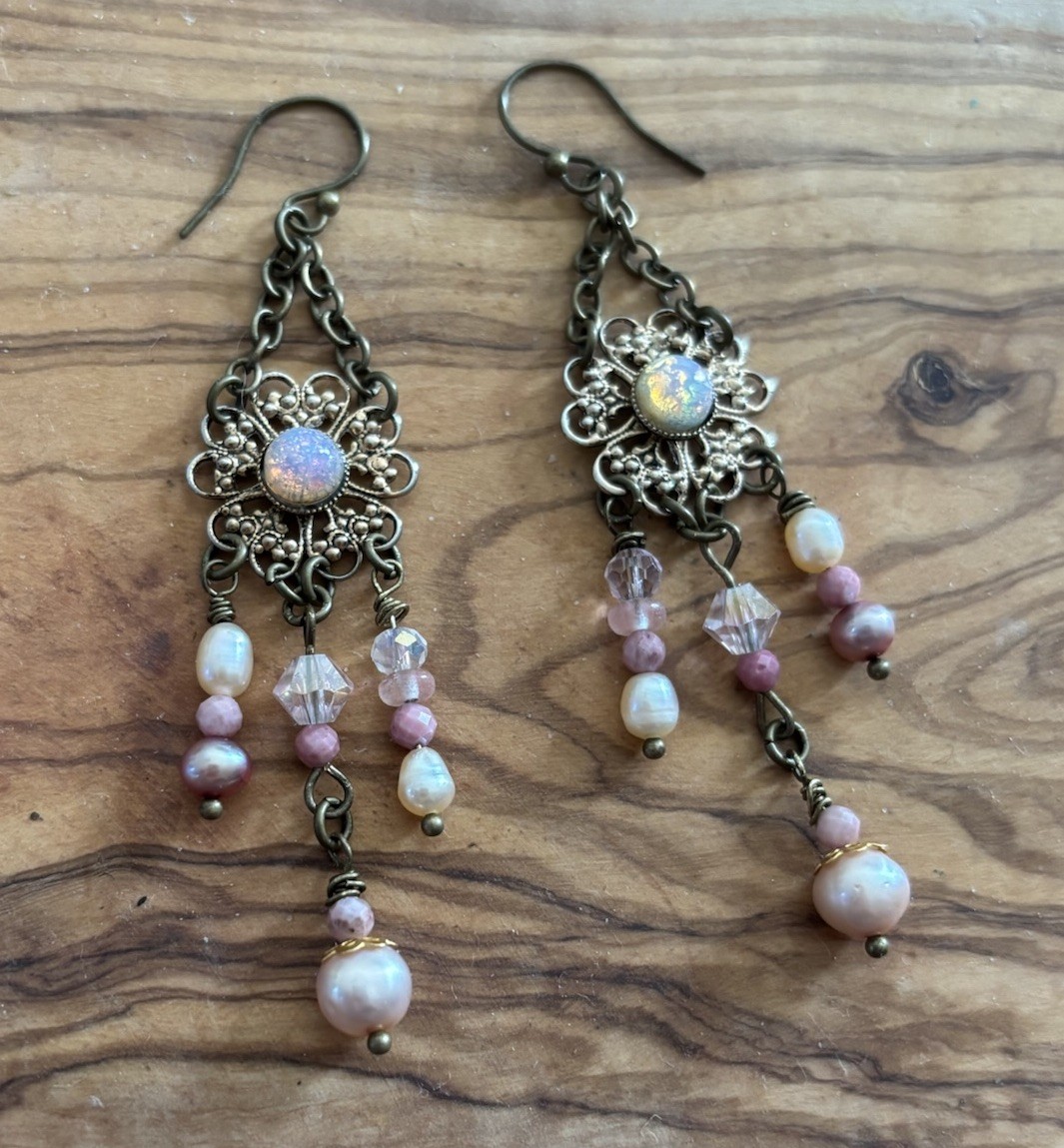 Vintage Boho Earrings Brass-Tone w/Opal-Glass on Alloy Filigree, Pearl+ danglers