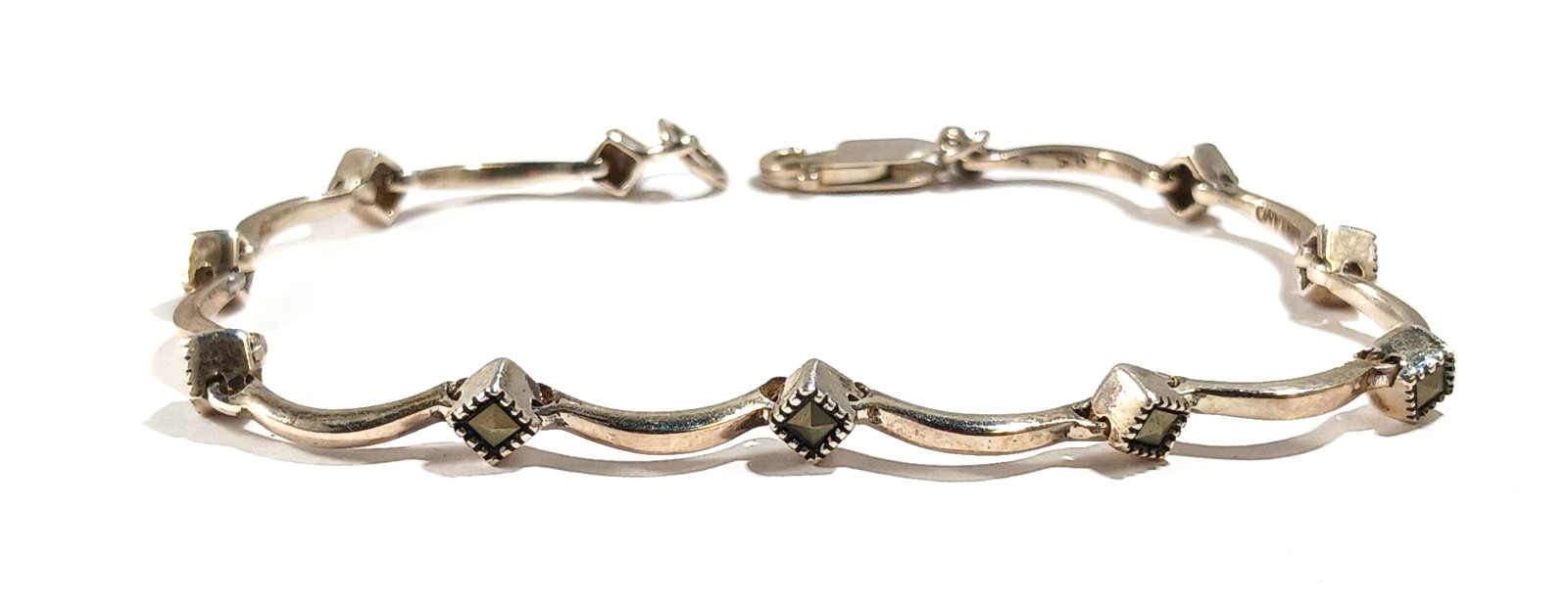 Sterling Silver Bar Link Marcasite Bracelet ~ Thin & Dainty ~ 7.5 Inches