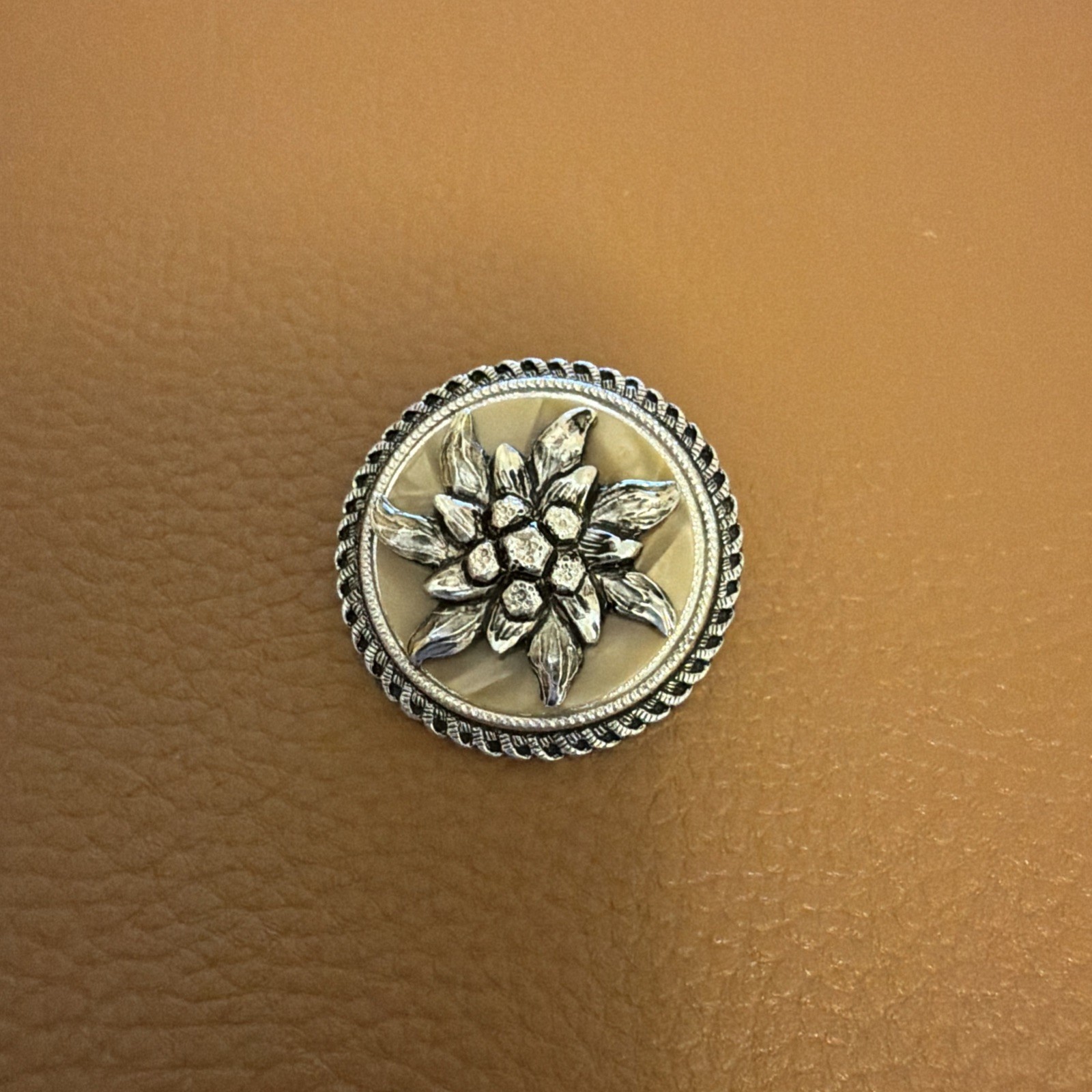 Vintage Scarf Clip Edelweiss Silvertone Faux Mother-of-Pearl Western Germany