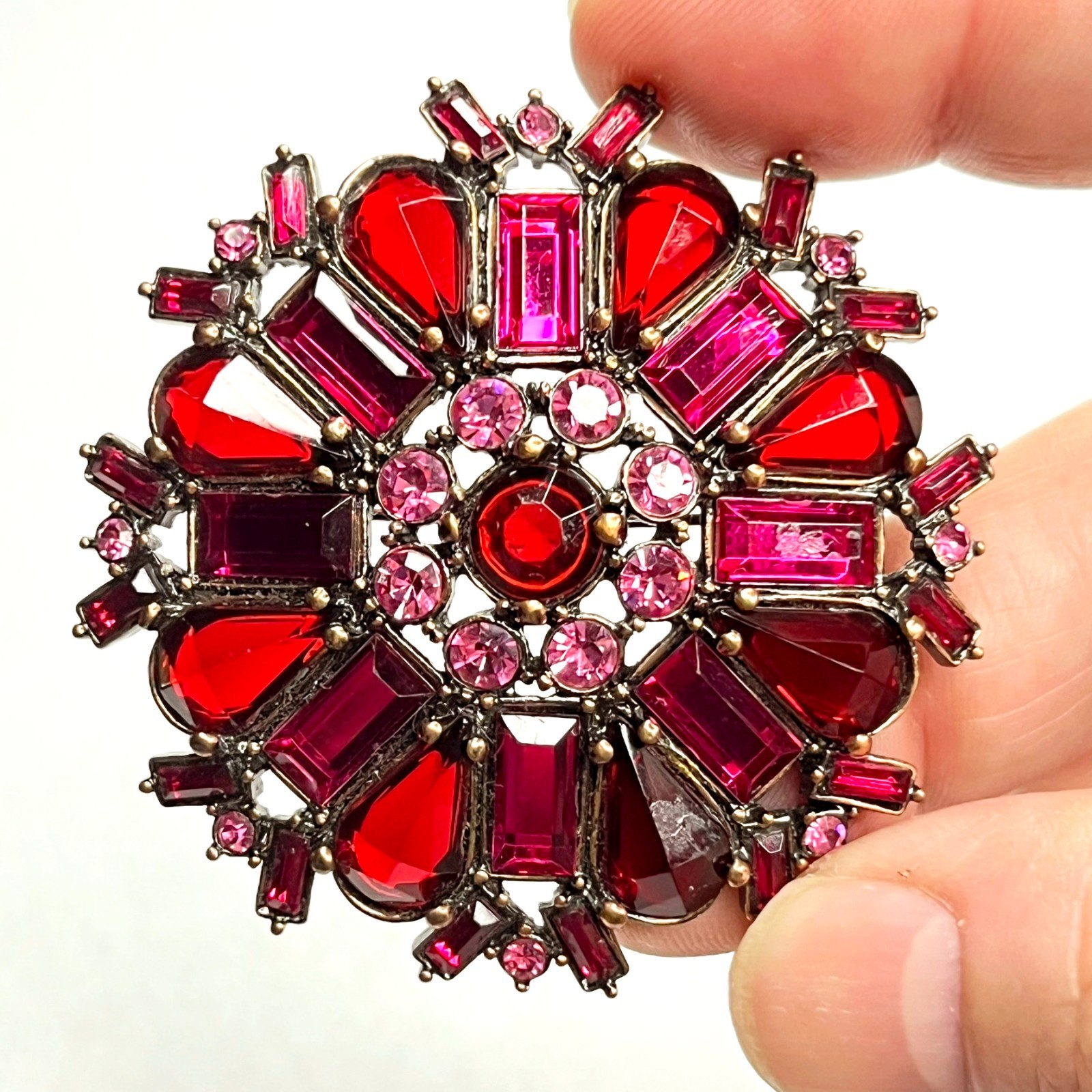 VTG Large Flower Snowflake Brooch Pin Red Fuchsia Pink Purple Glass Rhinestones