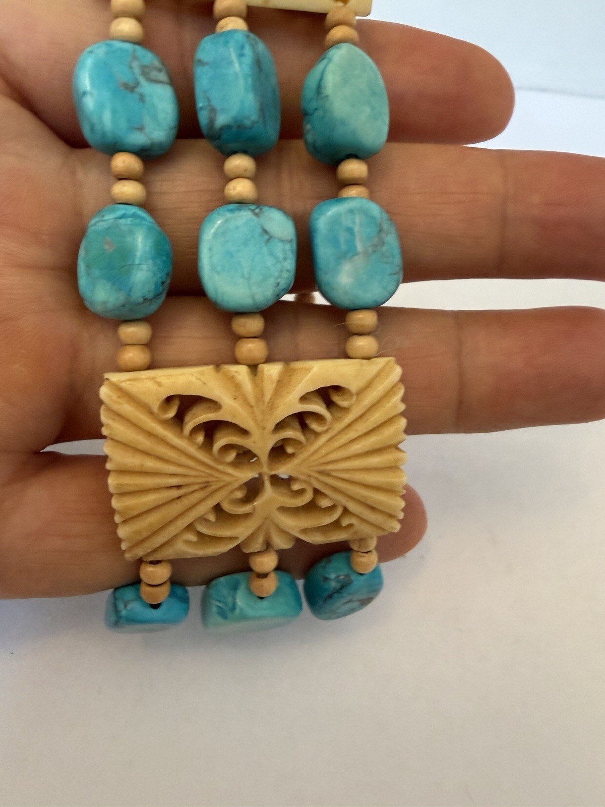 Blue Turquoise Stretchy Double Bracelet No Metal Carved Flower Resin Bead B11