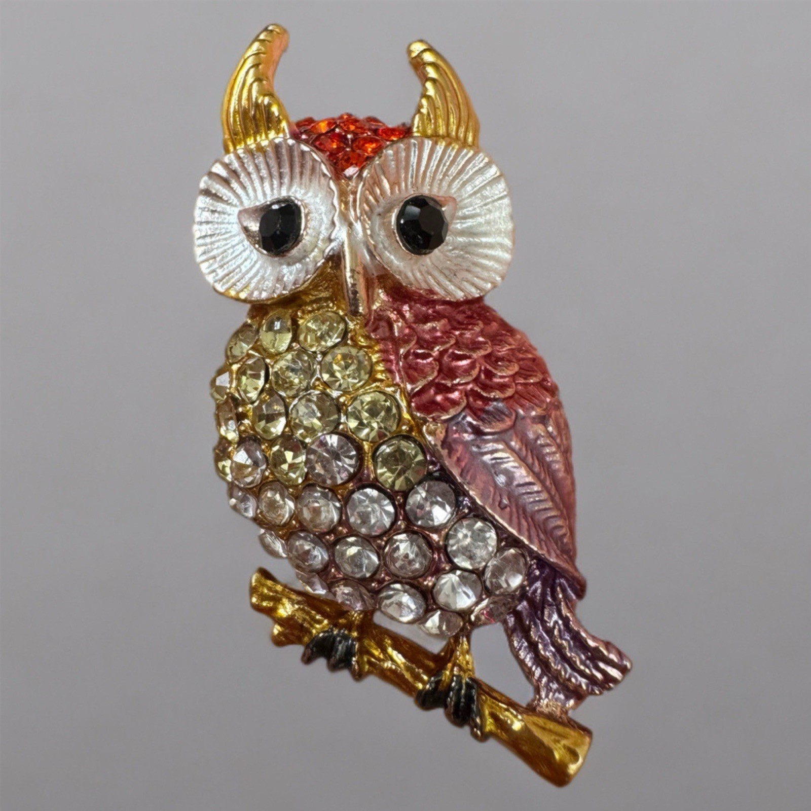 Vintage Owl Brooch Pendant Rhinestone Figural Enamel Gold Tone Jewelry