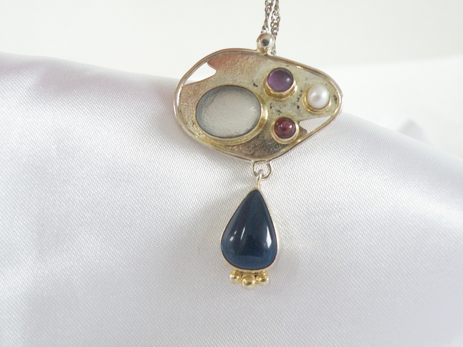 Artisan Sterling Silver 925 Beach Glass Gemstone Modernist Pendant Necklace 18.5