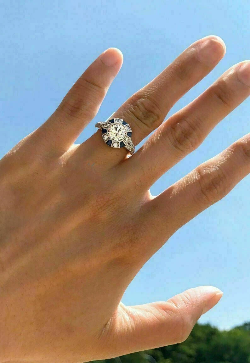 Art Deco Round Lab Created Diamond & Sapphire Wedding 14K White Gold Finish Ring