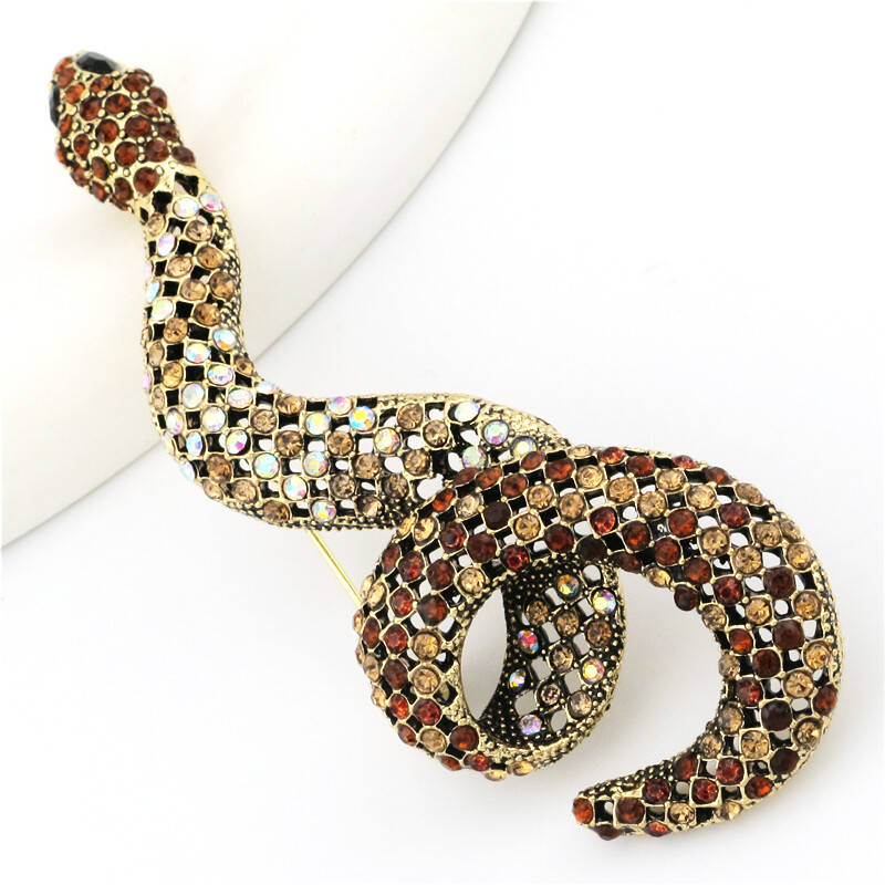 Vintage Gold Plated Brown Snake Crystal Fashion Women Charm Lady Brooch Pin Gift