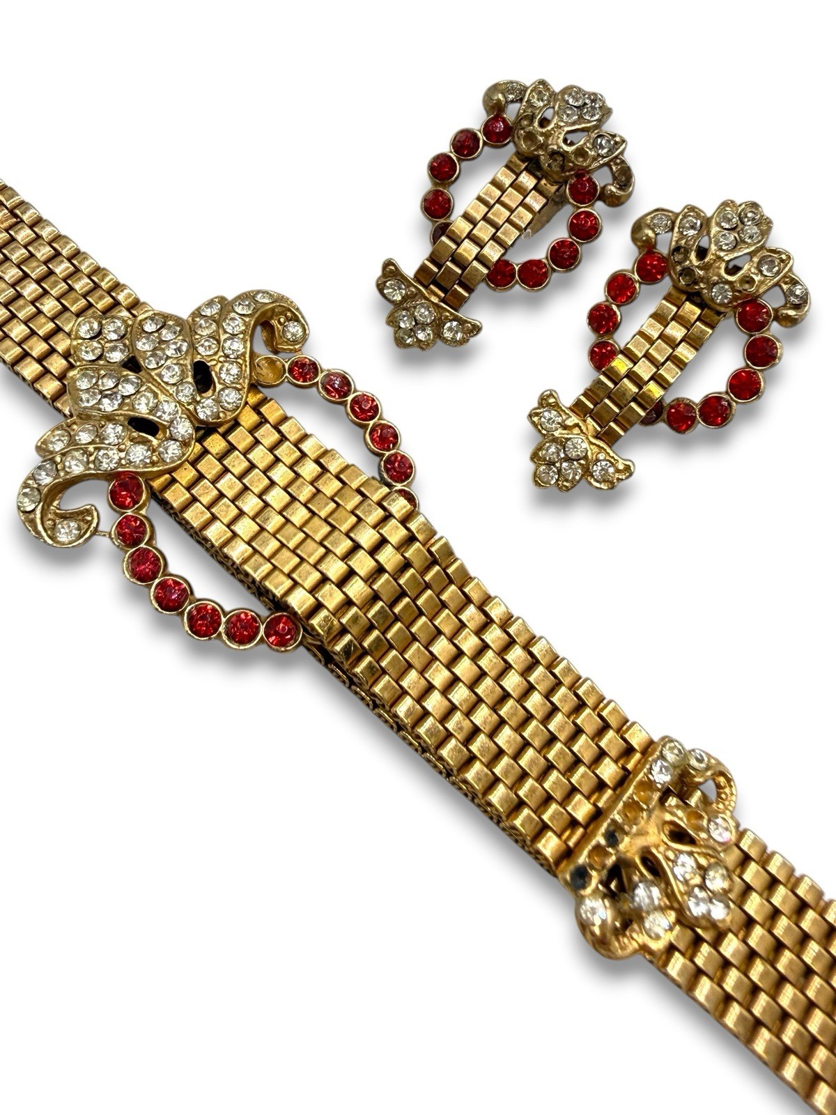 Antique 30s Art Deco Mesh Buckle Bracelet Earrings Set