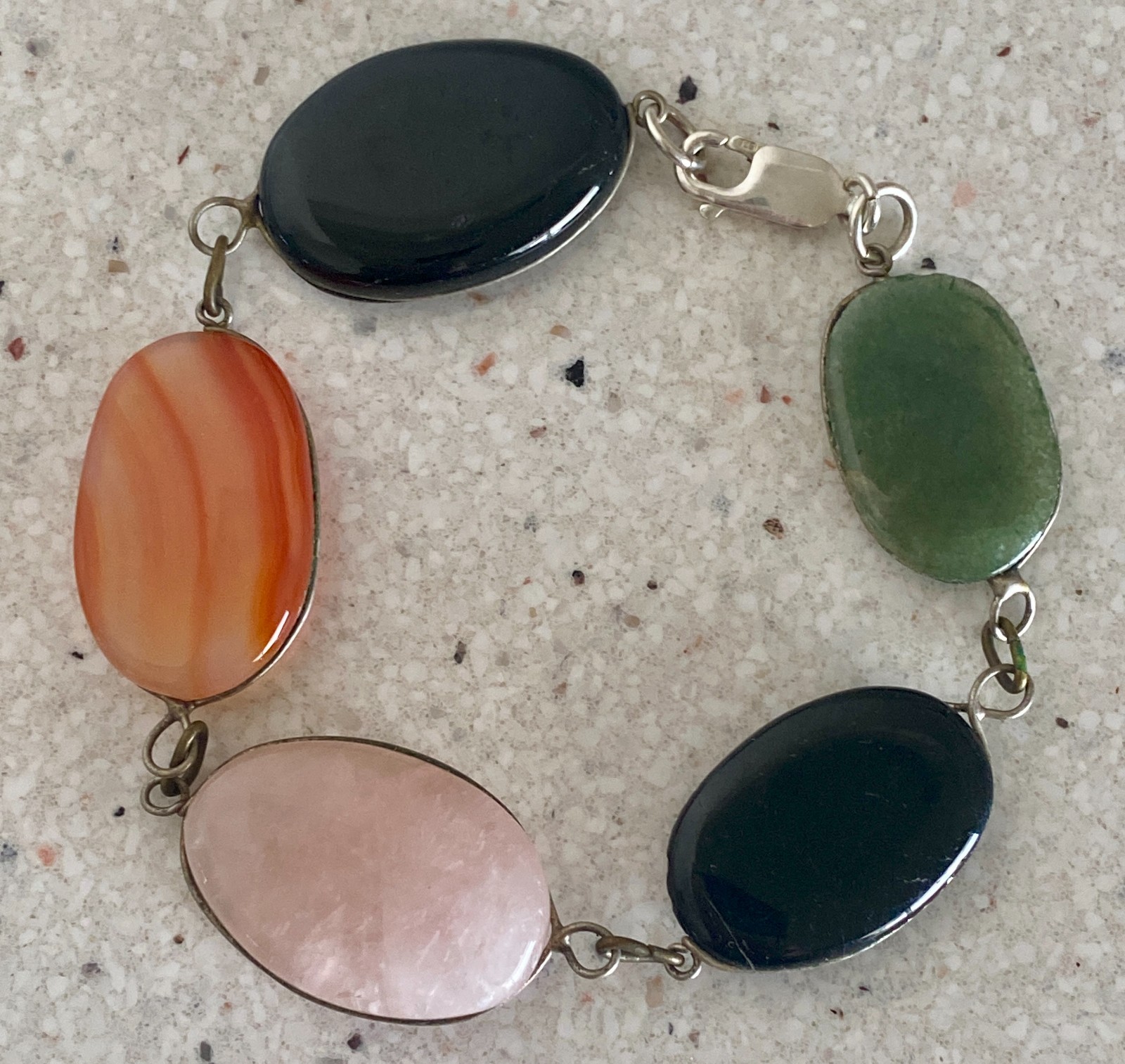 Multicolor Polished Stone Agate Quartz Statement Necklace Bracelet Set Silver