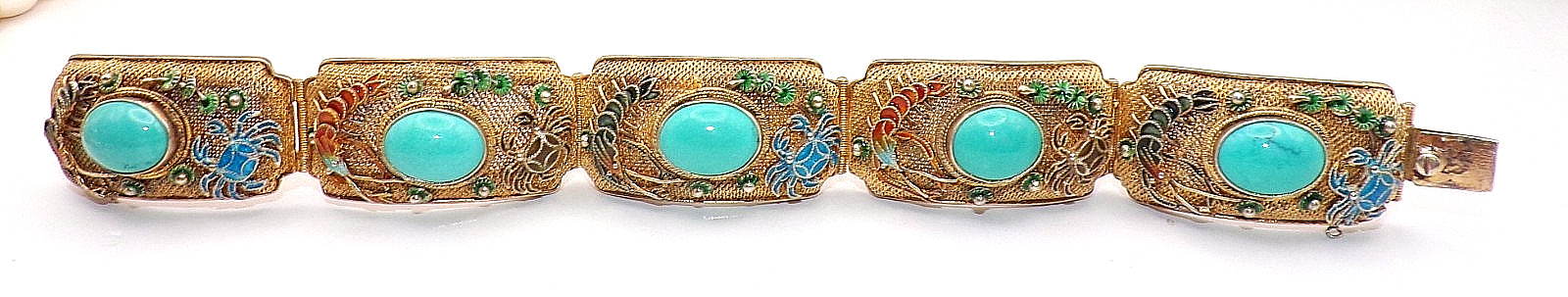 GORGEOUS CHINESE STERLING SILVER 5 Link FILIGREE ENAMEL CORAL Bracelet 7.5″ Long