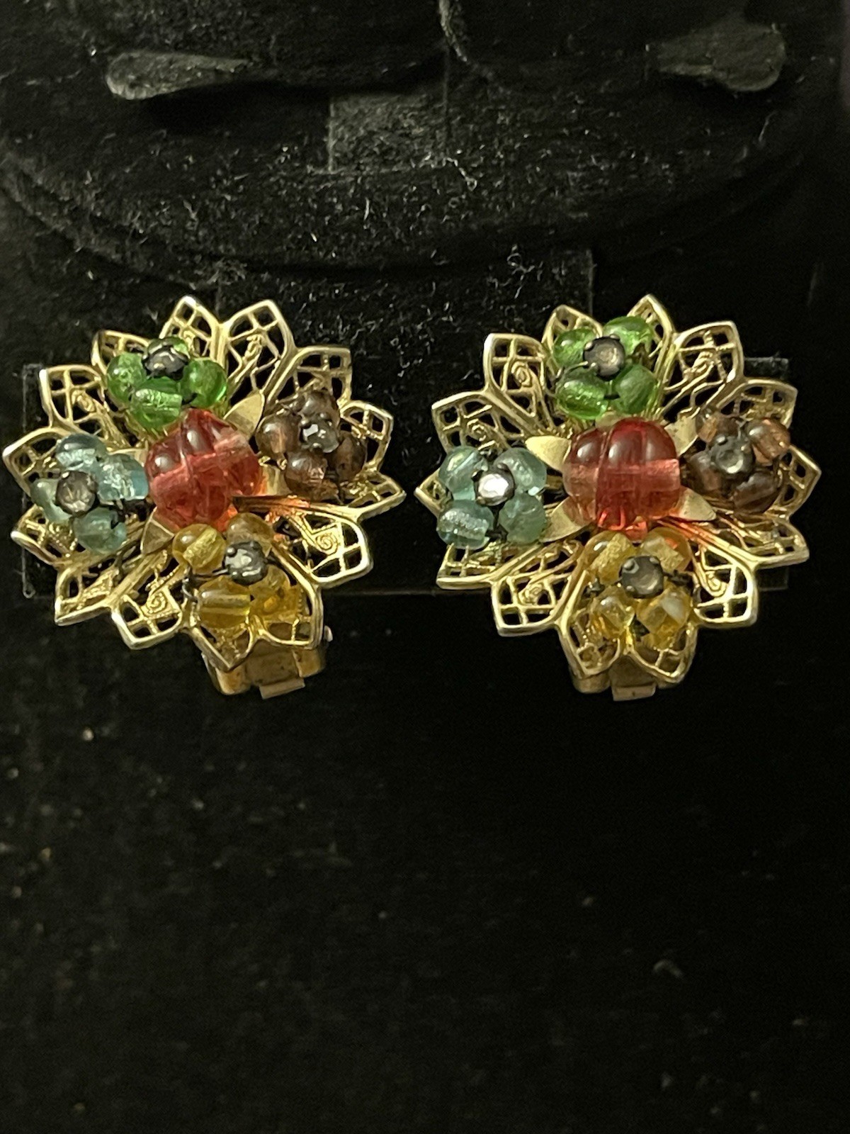 SIGNED REINAD Fruit Salad Clip Earrings Vintage 1940s 50s Multicolor Glass Gold