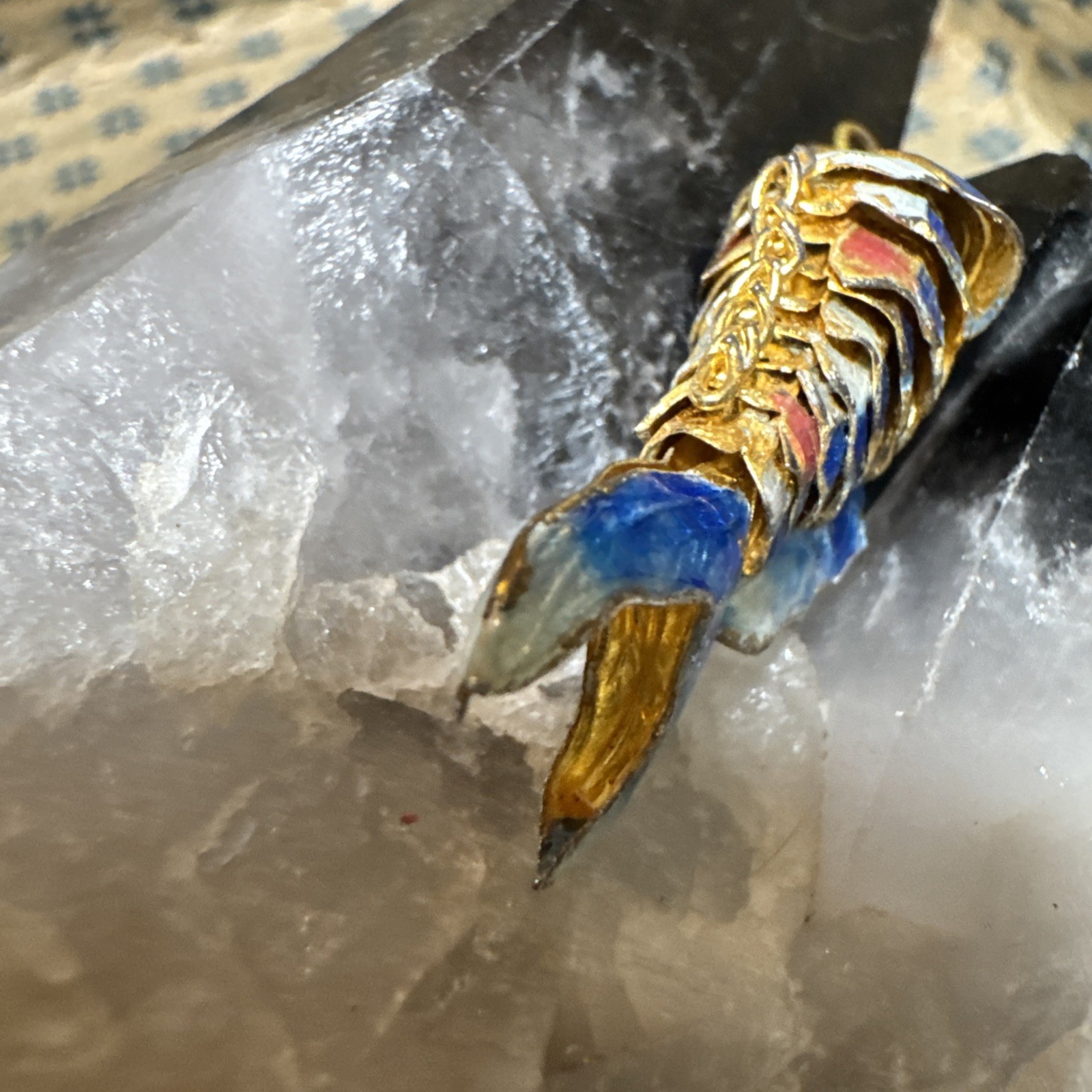 Vintage Koi Fish Cloisonne Blue White Pink Articulated Enamel Ornament Pendant