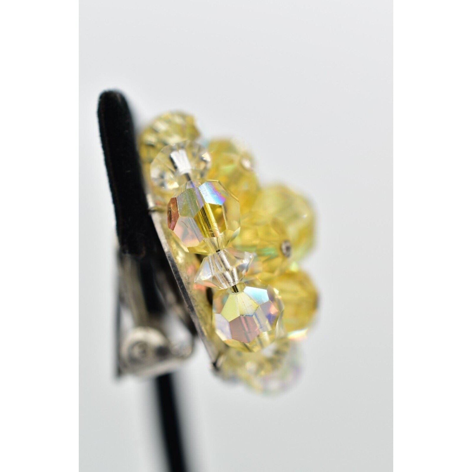 Laguna Vintage Clip On Crystal Earrings Yellow AB Cluster Signed Glam 1950s A24