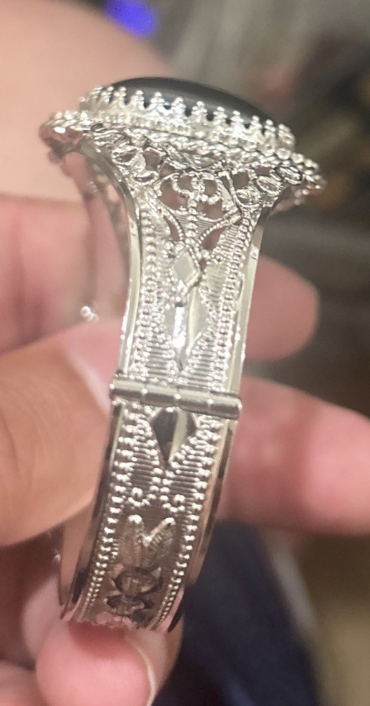 Vintage Whiting Davis Hematite Silver Tone Ornate Hinged Cuff Bracelet