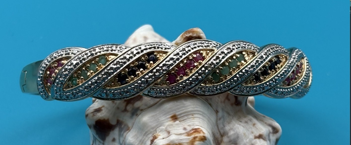 Vintage Vermeil Gold Over Sterling Multi-Gemstone Braided Ribbon Bangle 7″