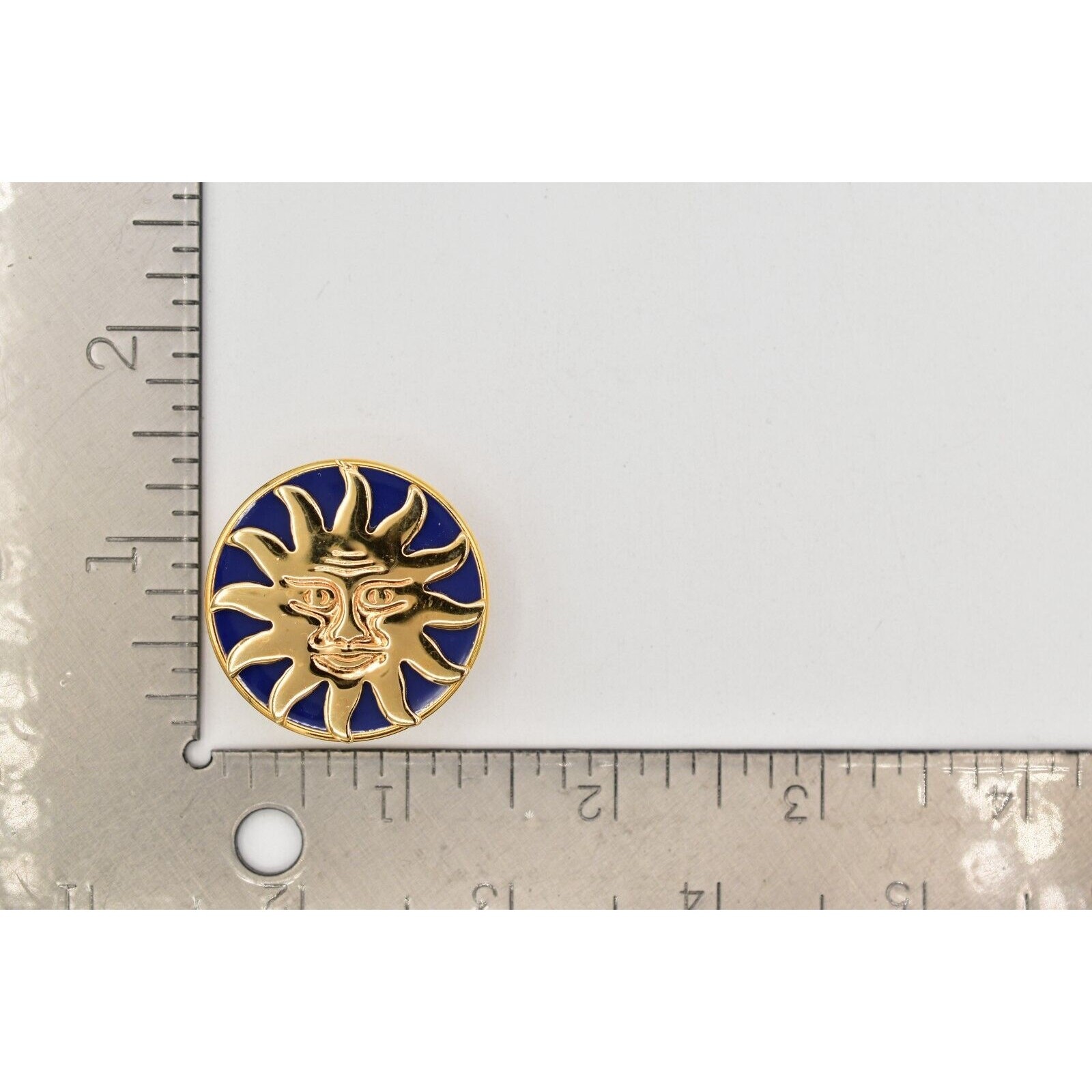 Vintage Sun Face Earrings Heavy Chunky Round Deep Blue Enamel Solar 1980s BinBK
