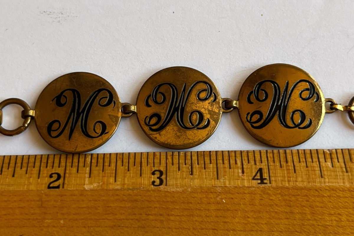 Vintage Brass Bronze Tone Initial Monogram Charm Link Bracelet 1950s MMW