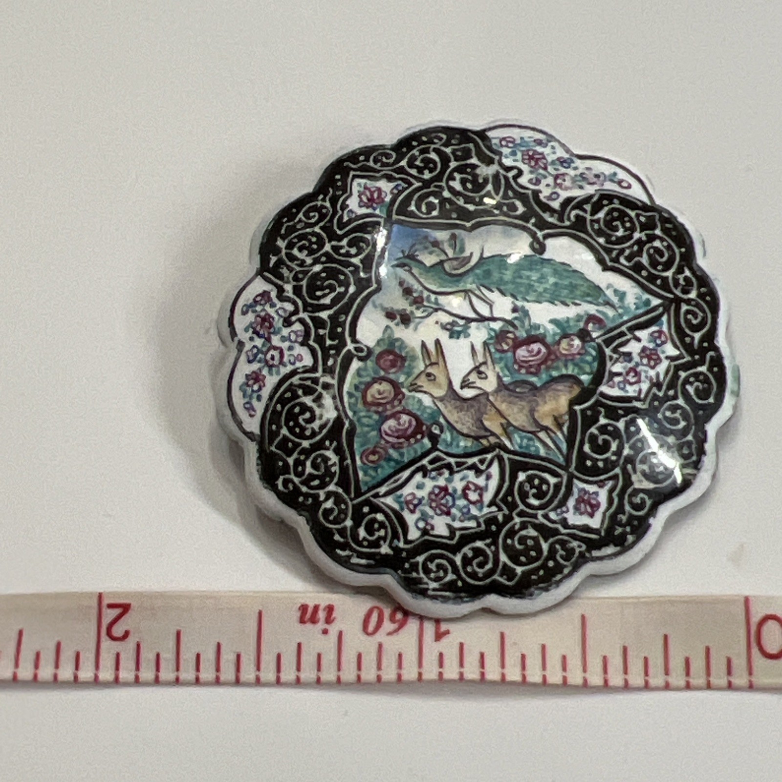 Antique 1900s Persian Middle Eastern Enamel Painted Pin Brooch Peacock Deer