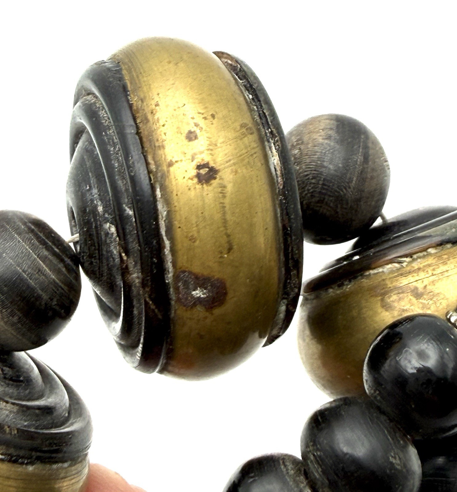 Bone & Brass Necklace Chunky Bold Beaded Vintage Boho Tribal 21” Black & Gold