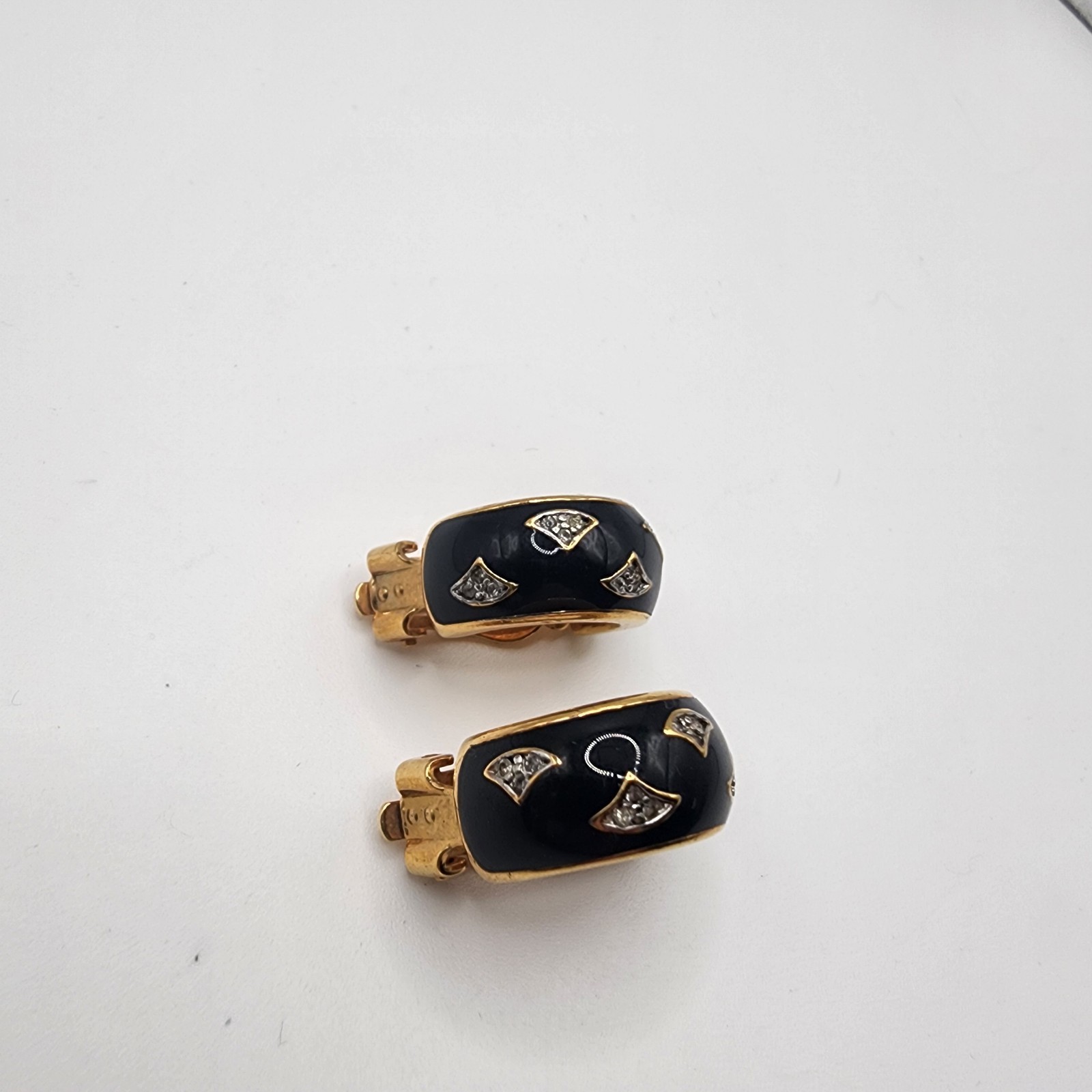 Black Enamel Rhinestone Crystal Earrings Gold Tone Vintage Clip On Jewelry