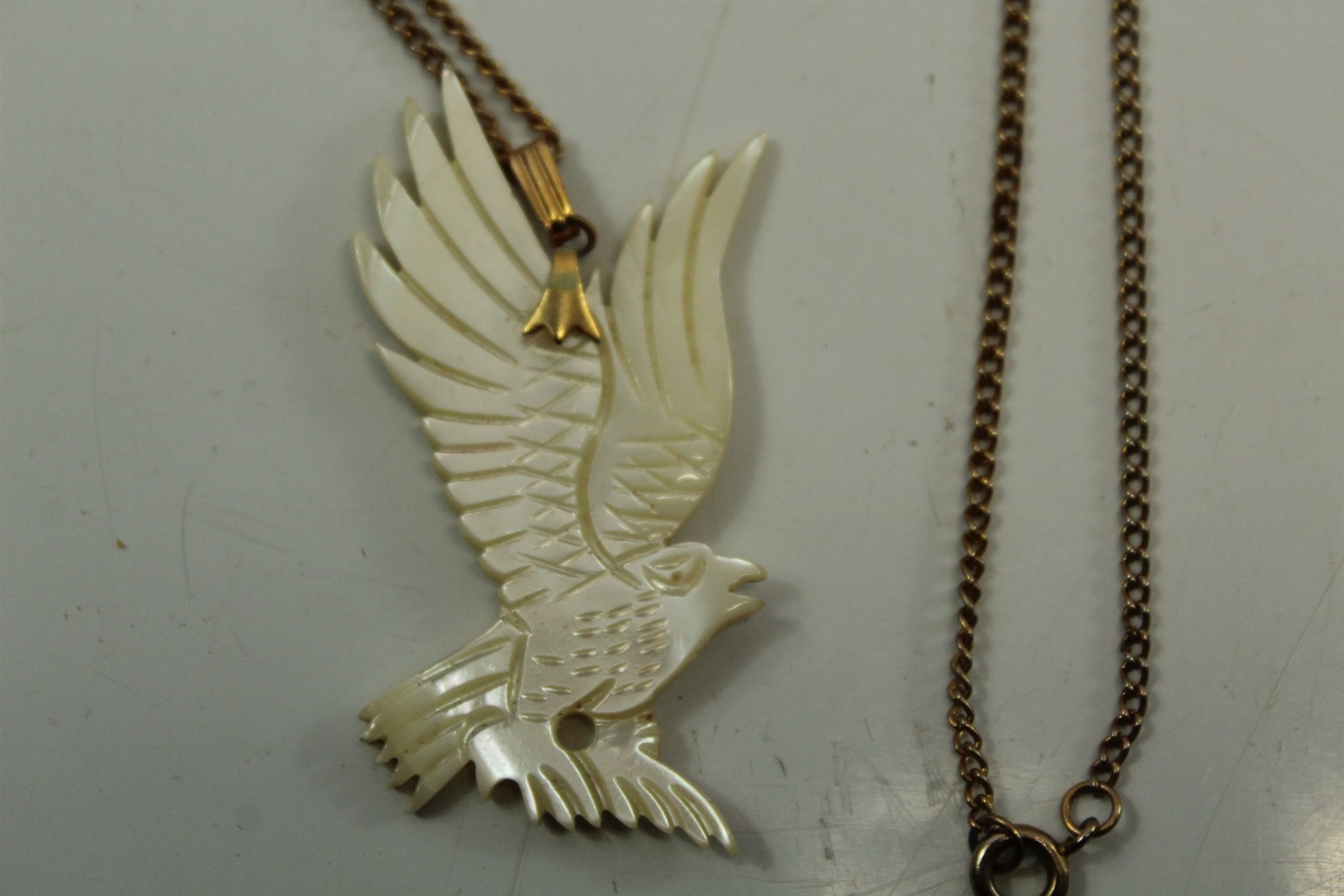 Vintage Hand Carved Shell Flying Eagle Pendant Necklace w/ Goldtone Alloy Chain