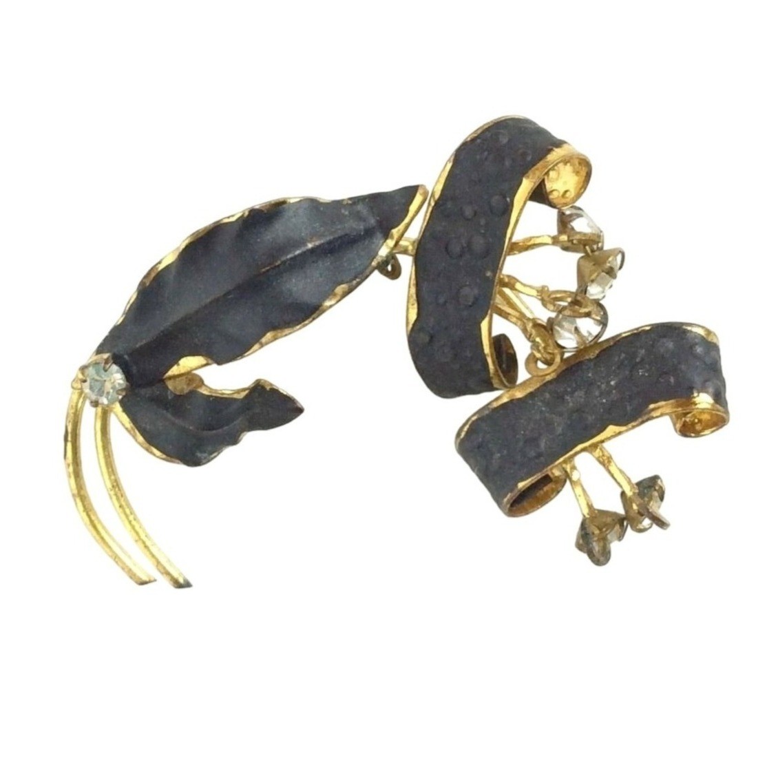 Vintage 1930s-1940s Gold Black Leaf Rhinestone Brooch Pin Made In Australia