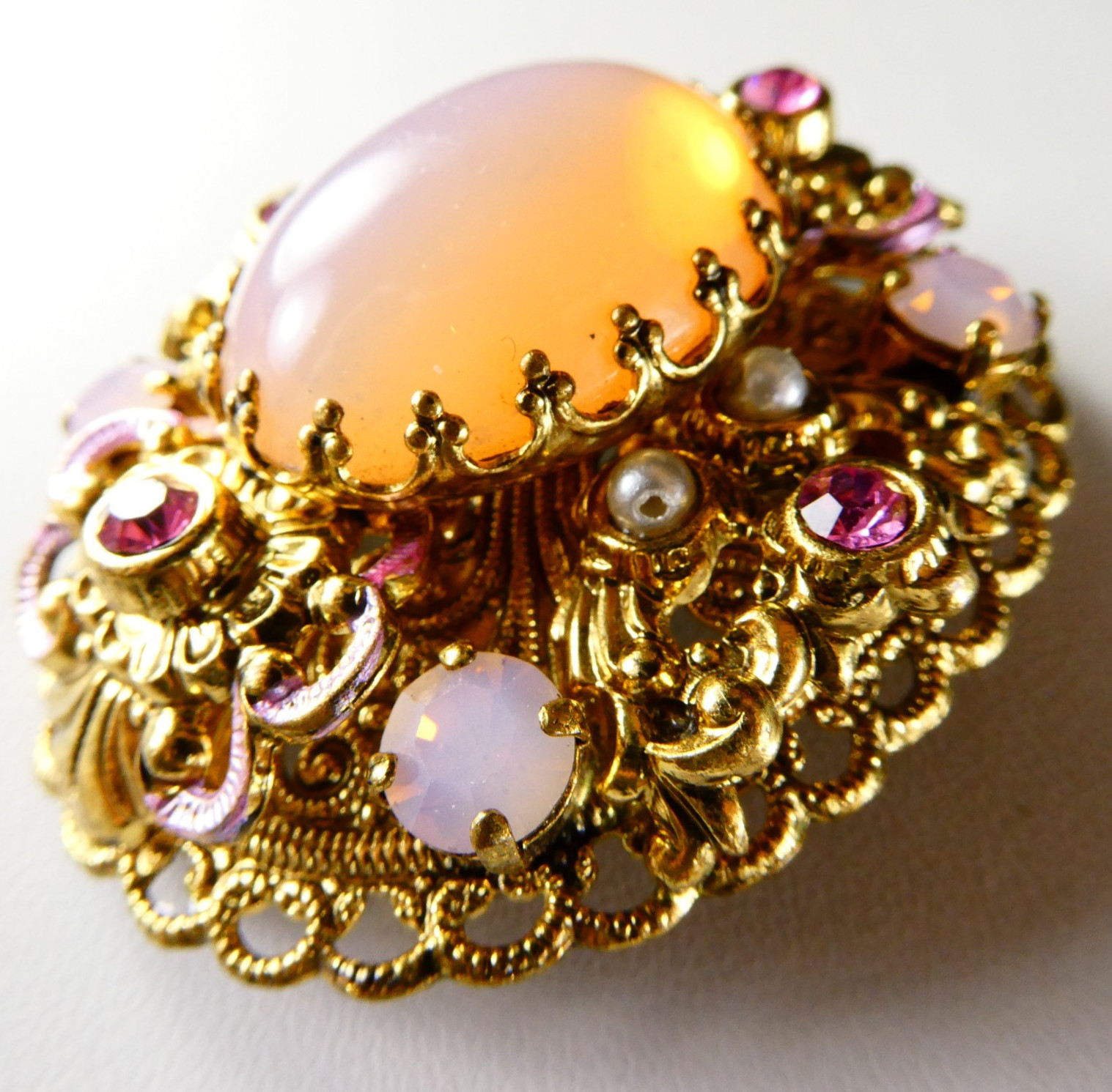 Vintage West Germany Opaline Pink Glass & Rhinestone Filigree Pin Brooch Oval