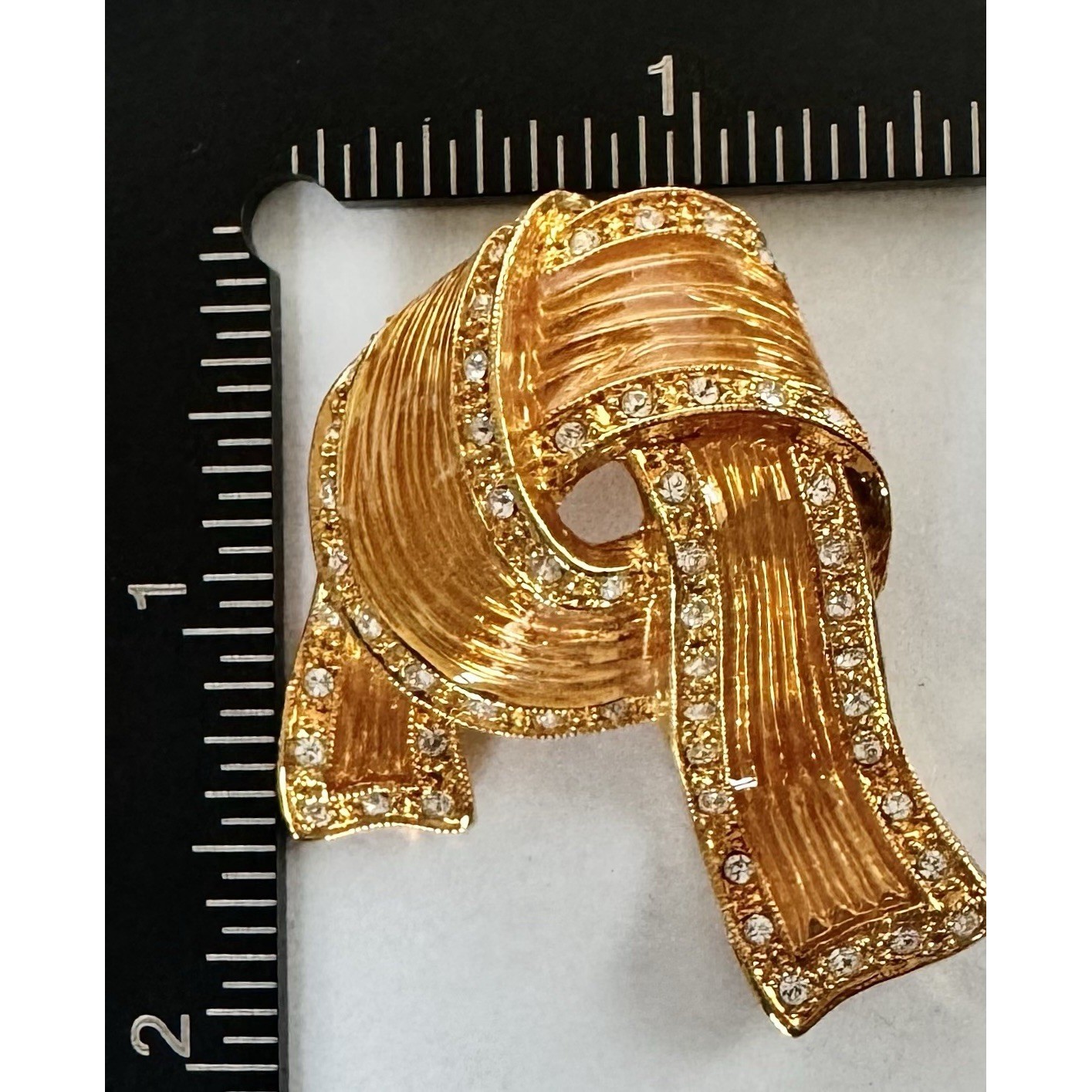 Vintage JBK Camrose & Kross Ribbon Bow Knot Brooch Amber Enamel Crystal Pin