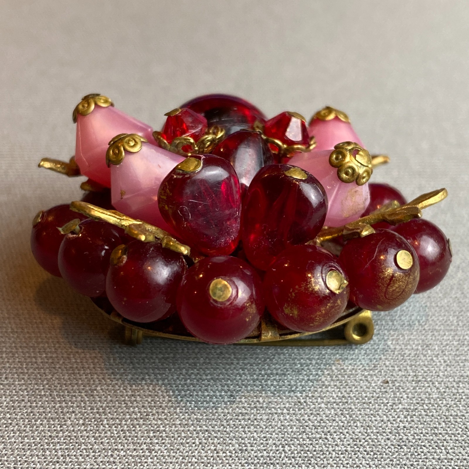 Vintage West Germany Wired Beaded Brooch Frosted Pink & Red Plastic & Gilt Brass