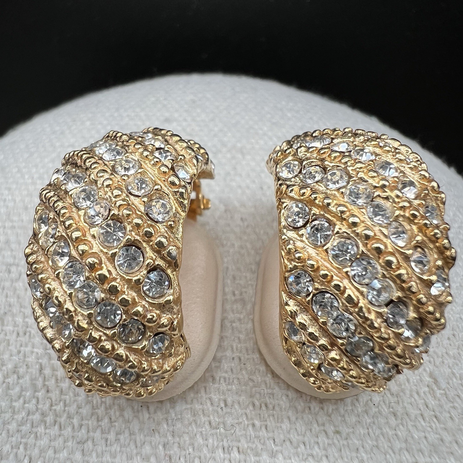 Vintage Gay Boyer Rhinestone Dome Clip Earrings Gold Tone Pave Glam Statement