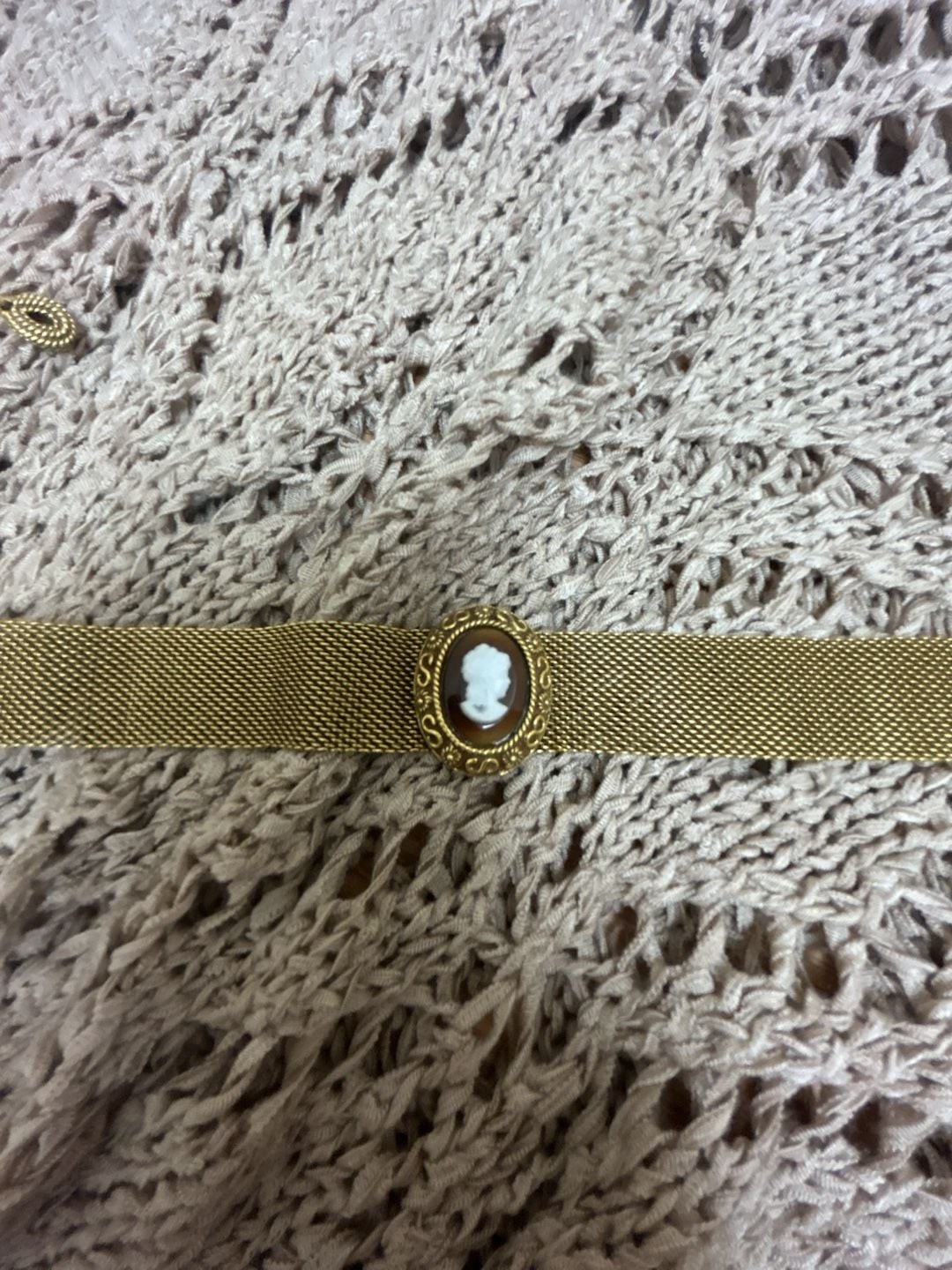 Vintage Gold Tone Mesh Choker Necklace with Oval Cameo Centerpiece